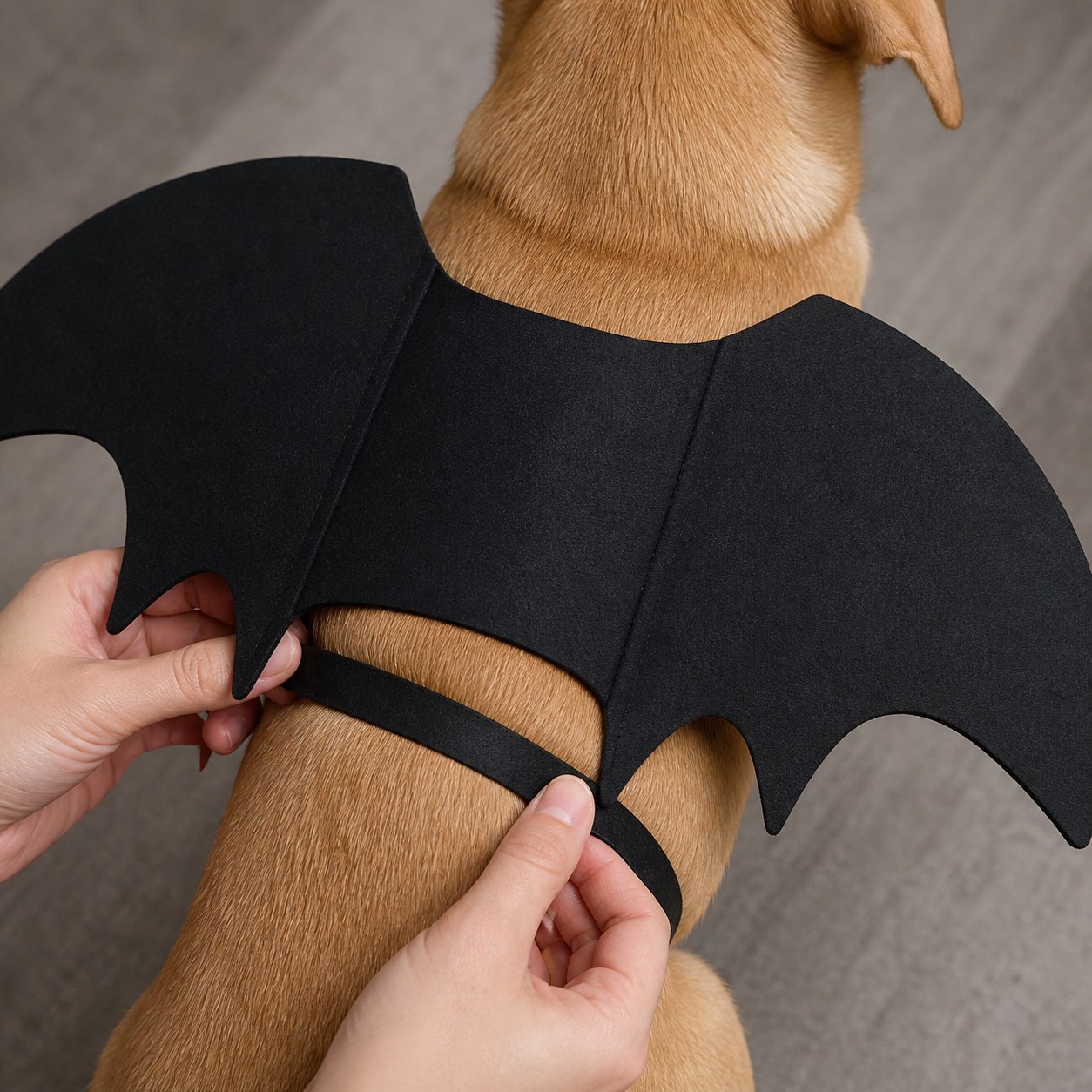 Gros plan sur les sangles noires du costume pendant l’ajustement