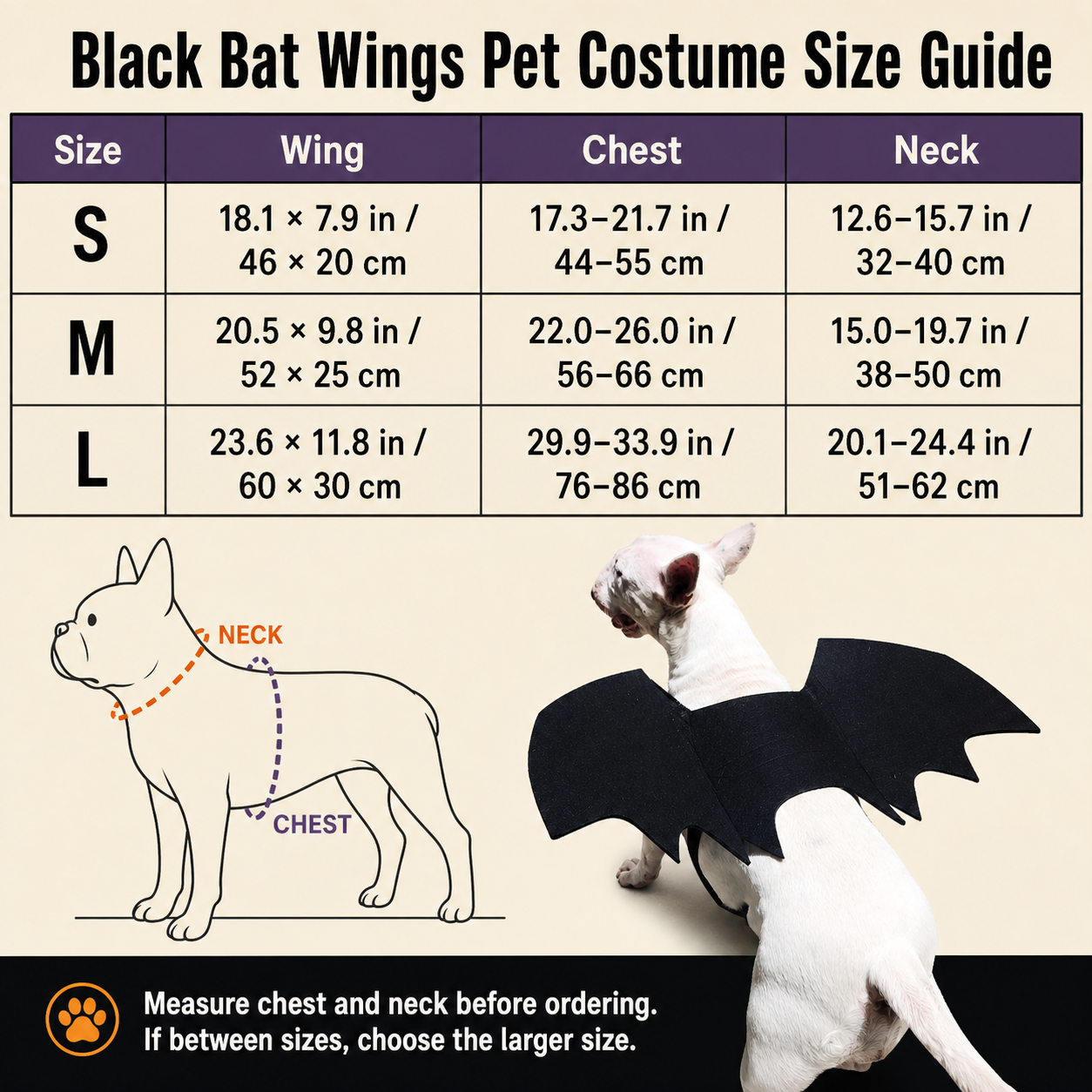 Black bat wings pet costume S M L size guide in inches and centimetres