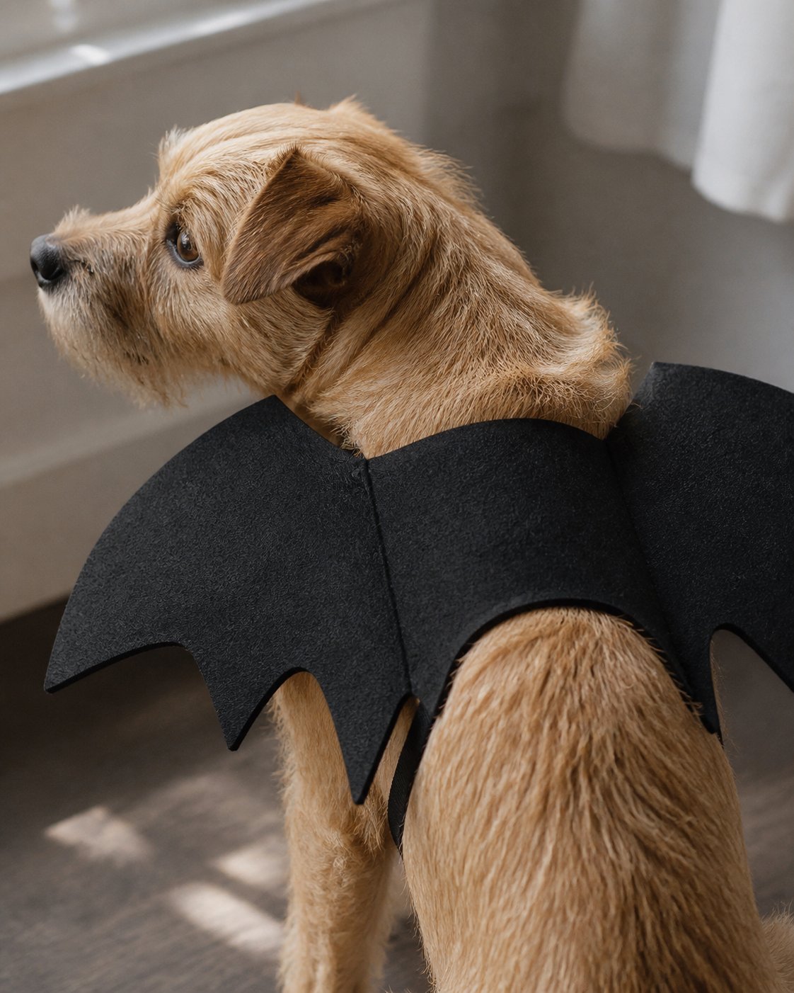 Idée de mise en scène du costume pour animal à ailes de chauve-souris noires : gros plan sur la texture du feutre
