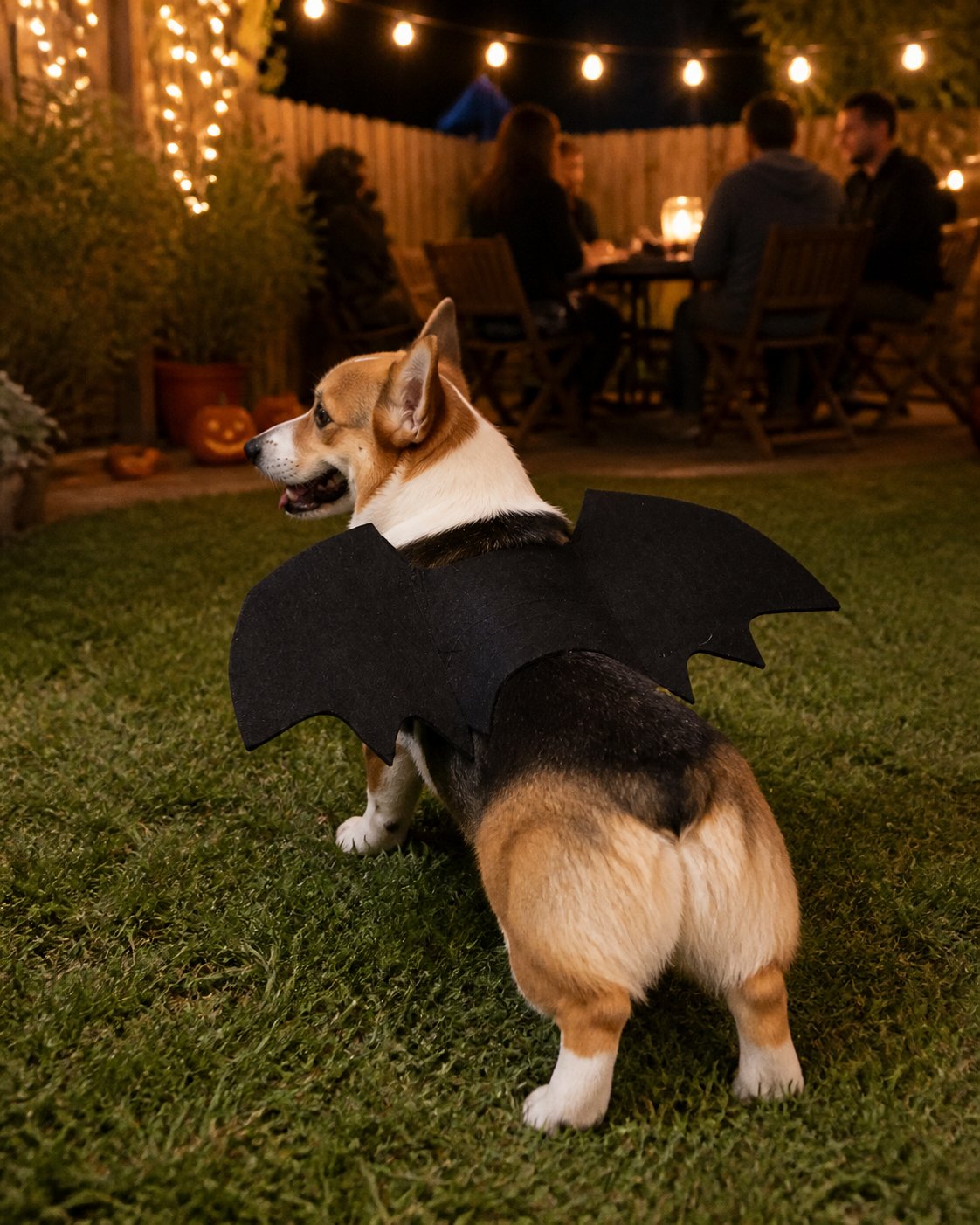 Idée de mise en scène du costume pour animal à ailes de chauve-souris noires : réunion dans le jardin