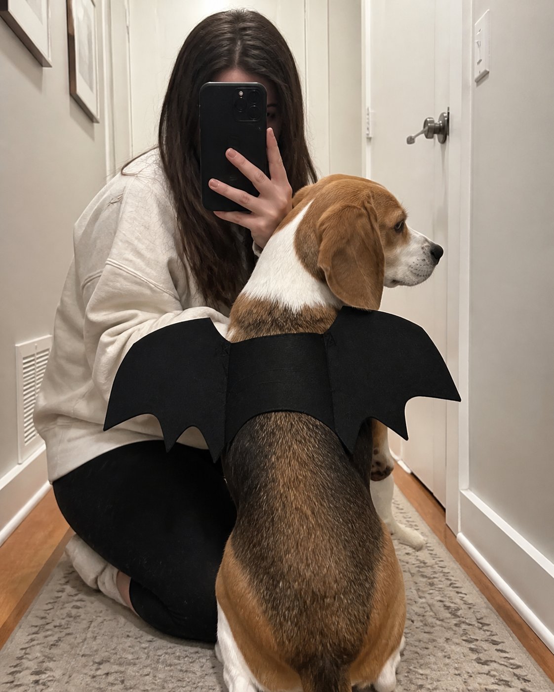 Idée de mise en scène du costume pour animal à ailes de chauve-souris noires : essayage devant le miroir
