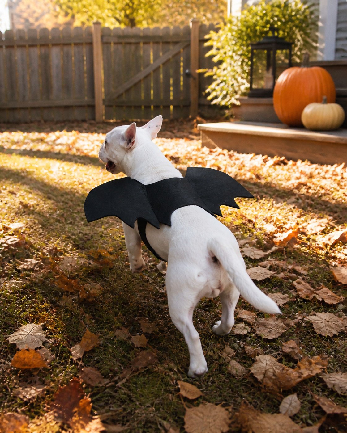 Idée de mise en scène du costume pour animal à ailes de chauve-souris noires : jardin en automne