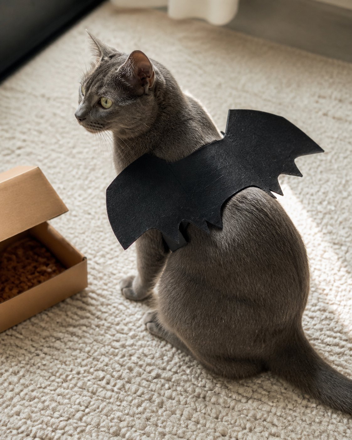 Idée de mise en scène du costume pour animal à ailes de chauve-souris noires : mise en scène avec un petit chat