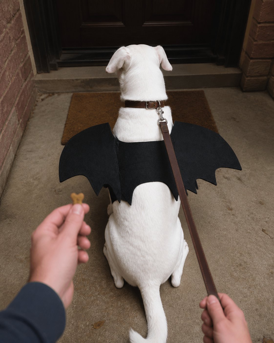Idée de mise en scène du costume pour animal à ailes de chauve-souris noires : prêt devant la porte