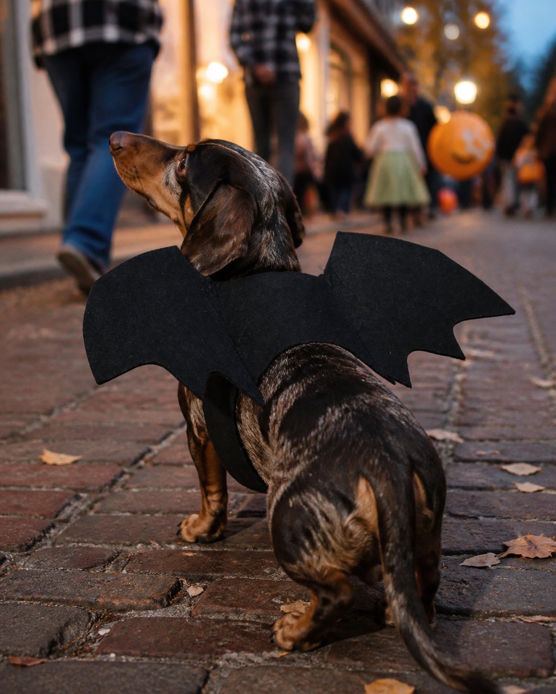 Idée de mise en scène du costume pour animal à ailes de chauve-souris noires : défilé d’animaux