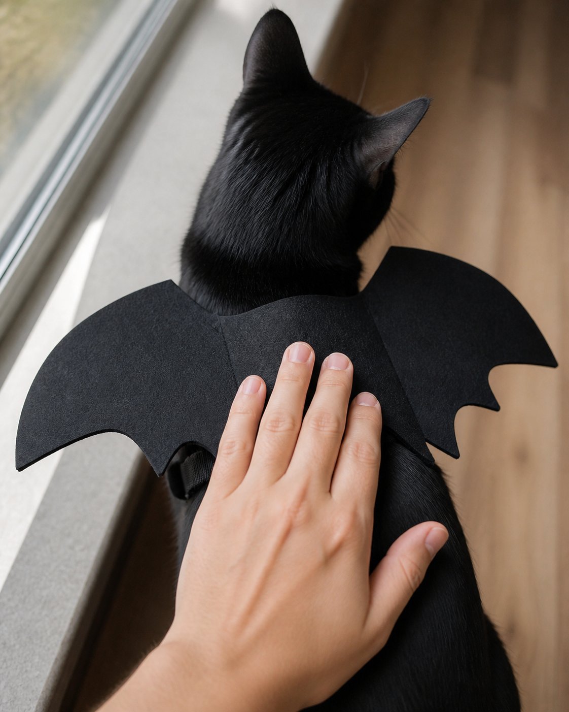 Idée de mise en scène du costume pour animal à ailes de chauve-souris noires : détail du panneau central