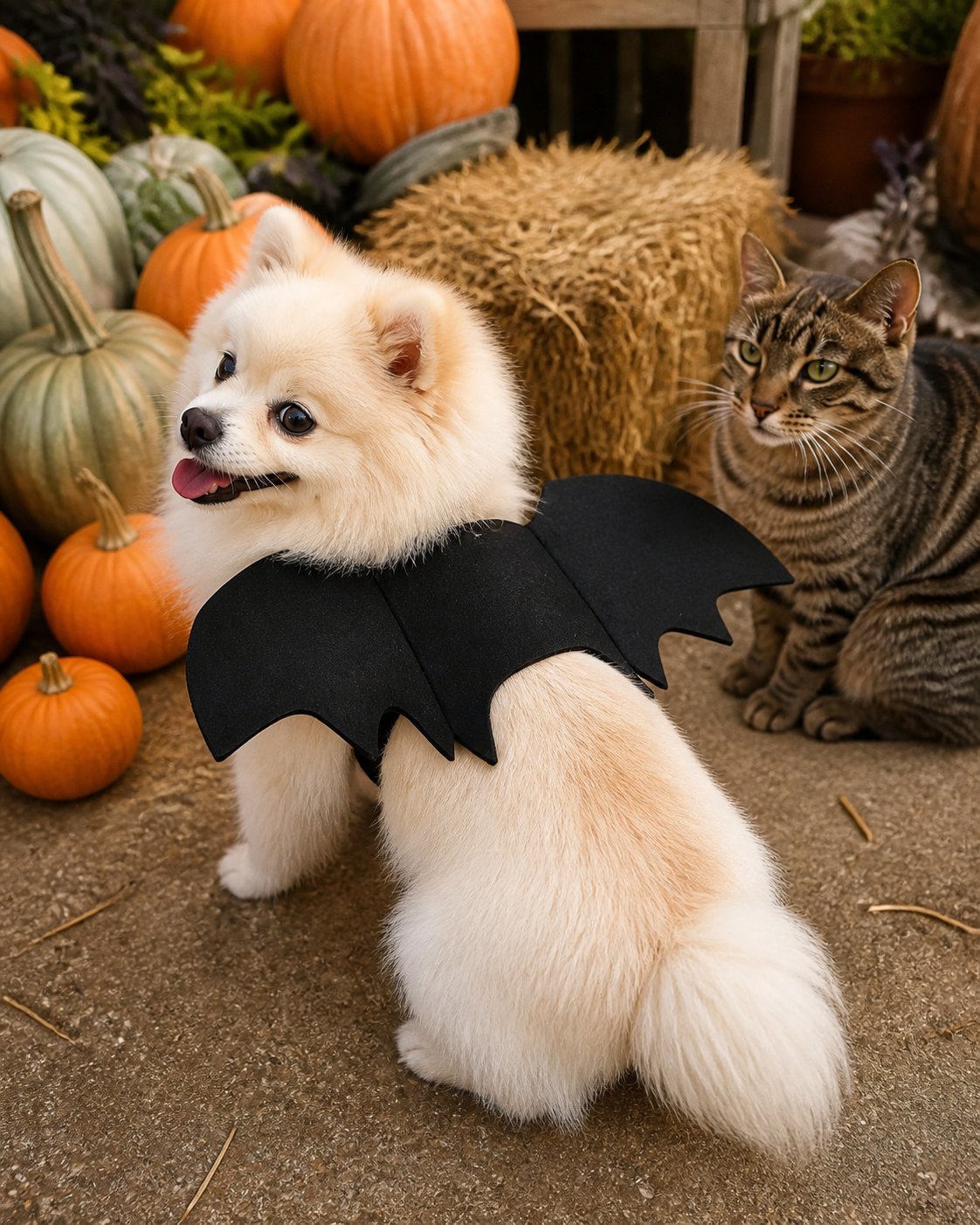 Idée de mise en scène du costume pour animal à ailes de chauve-souris noires : photo au milieu des citrouilles
