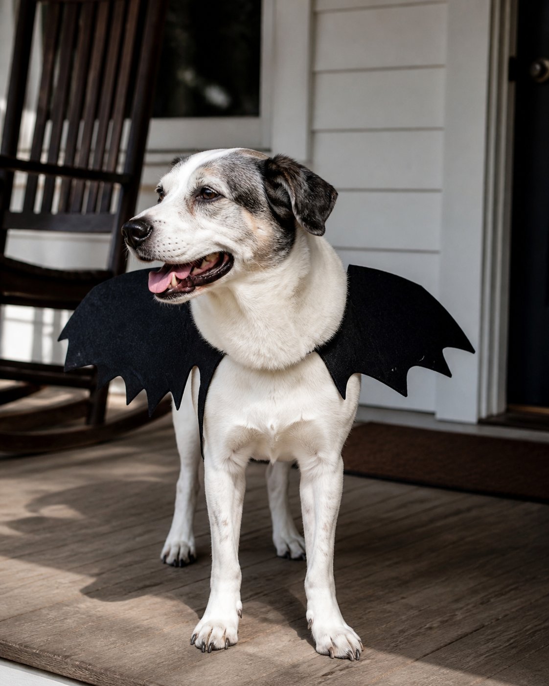 Idée de mise en scène du costume pour animal à ailes de chauve-souris noires : visite tranquille sur le porche
