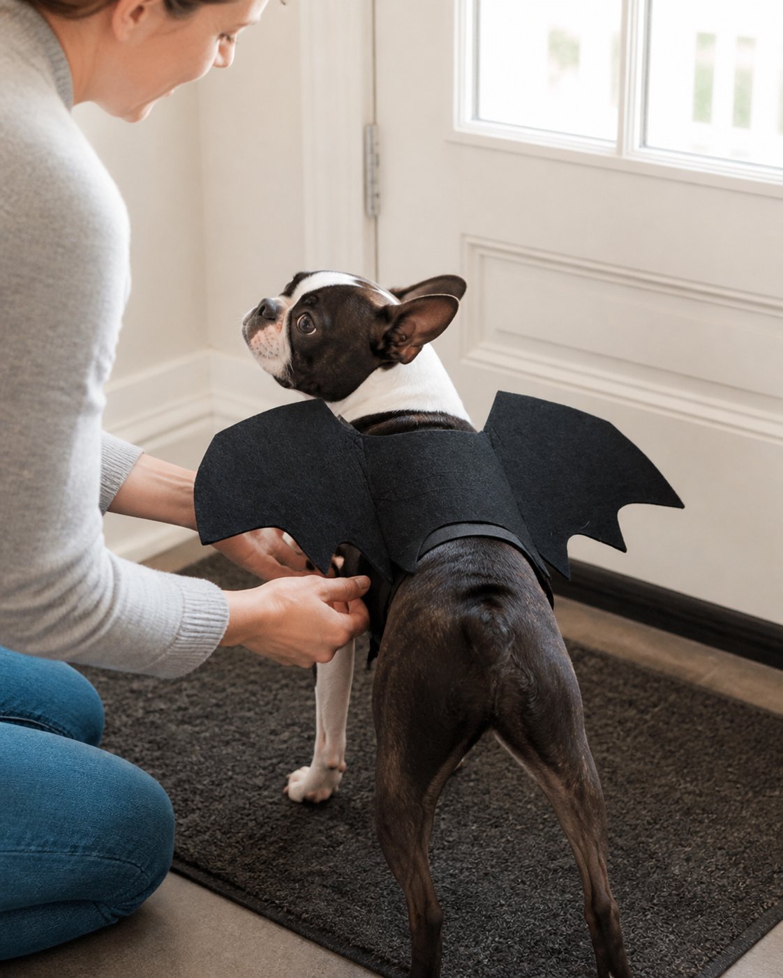 Idée de mise en scène du costume pour animal à ailes de chauve-souris noires : vérification des sangles
