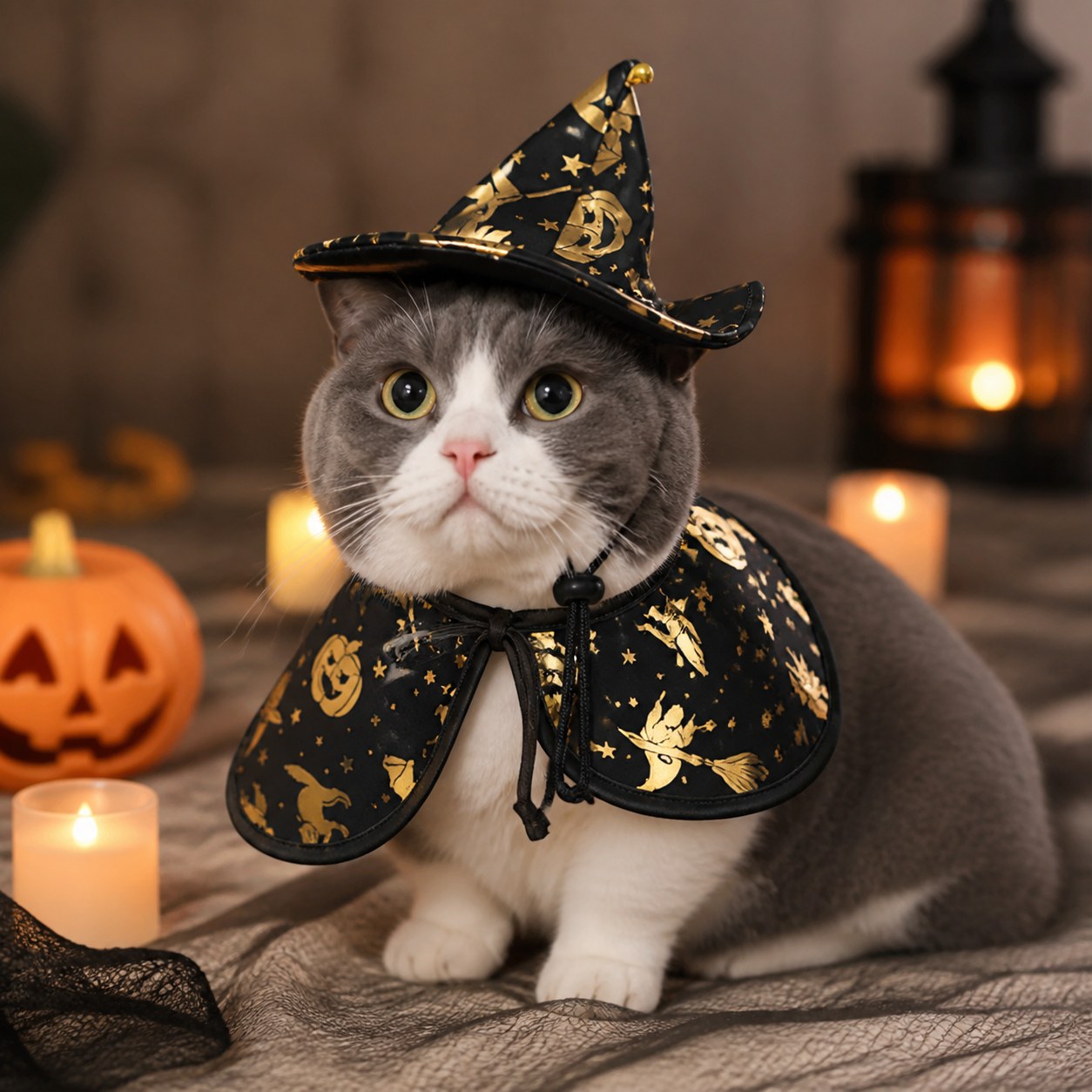 Chat portant la cape noire et dorée et le chapeau pointu de sorcier en intérieur