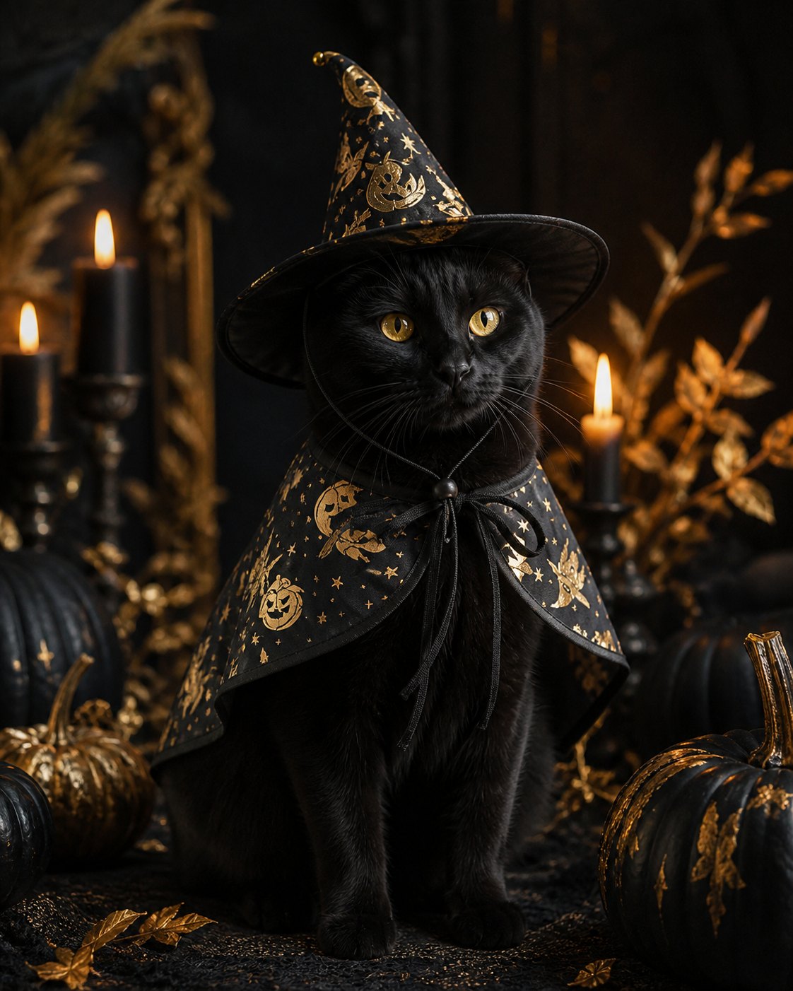 Idée de mise en scène de la cape et du chapeau de sorcier noir et doré pour animal : palette de minuit