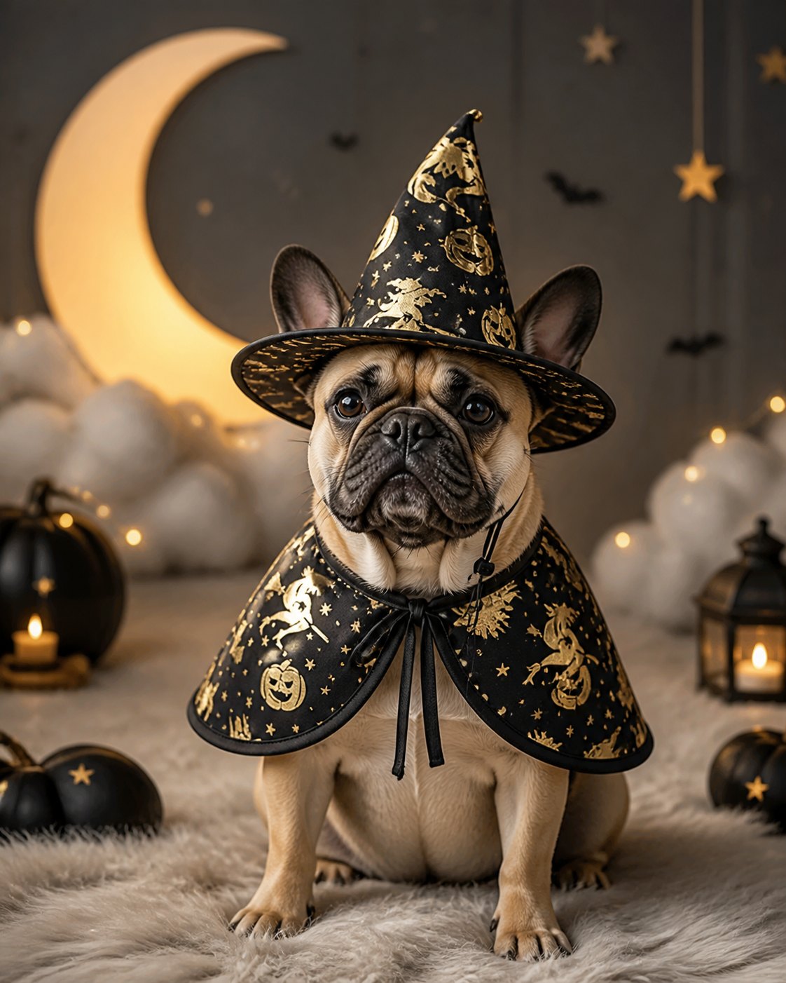 Idée de mise en scène de la cape et du chapeau de sorcier noir et doré pour animal : décor au clair de lune