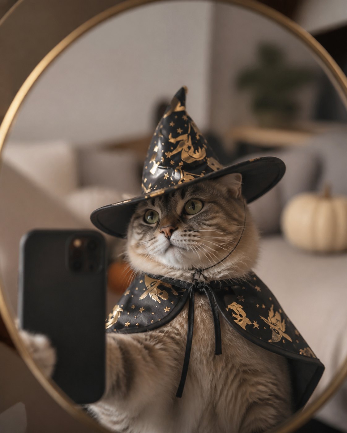 Idée de mise en scène de la cape et du chapeau de sorcier noir et doré pour animal : instant devant le miroir