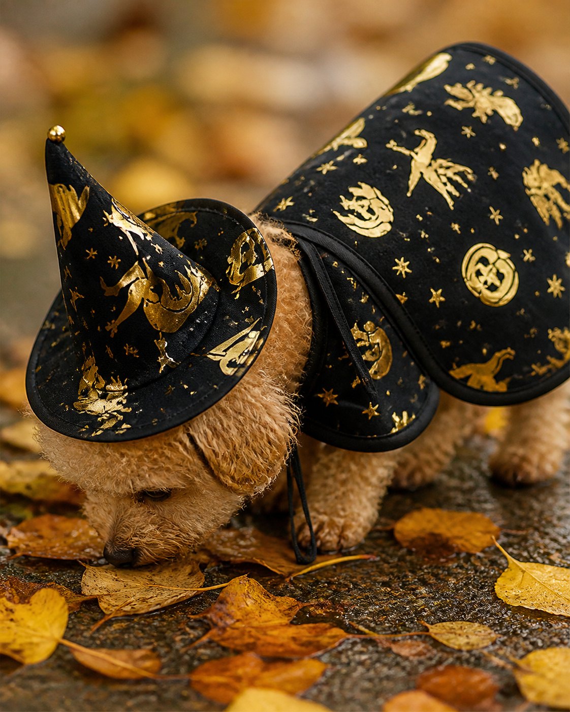Idée de mise en scène de la cape et du chapeau de sorcier noir et doré pour animal : détail du motif en extérieur