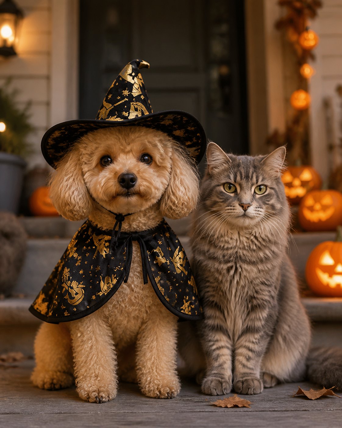 Idée de mise en scène de la cape et du chapeau de sorcier noir et doré pour animal : compagnons sur le perron