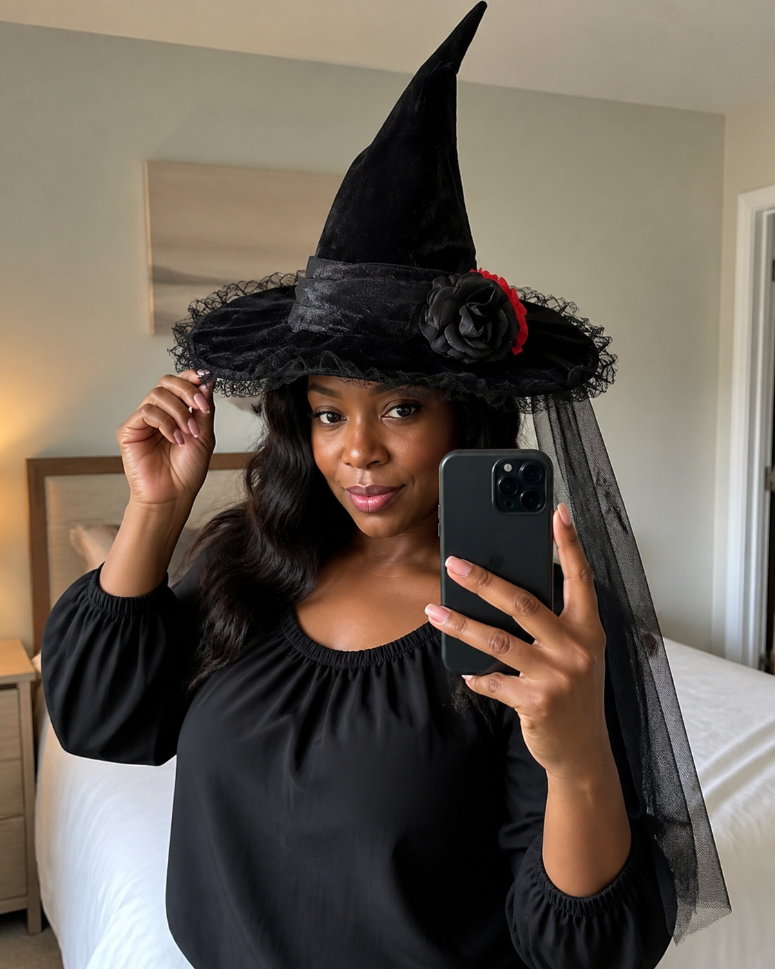 Customer-style concept showing the Baroque veil witch hat in mirror styling