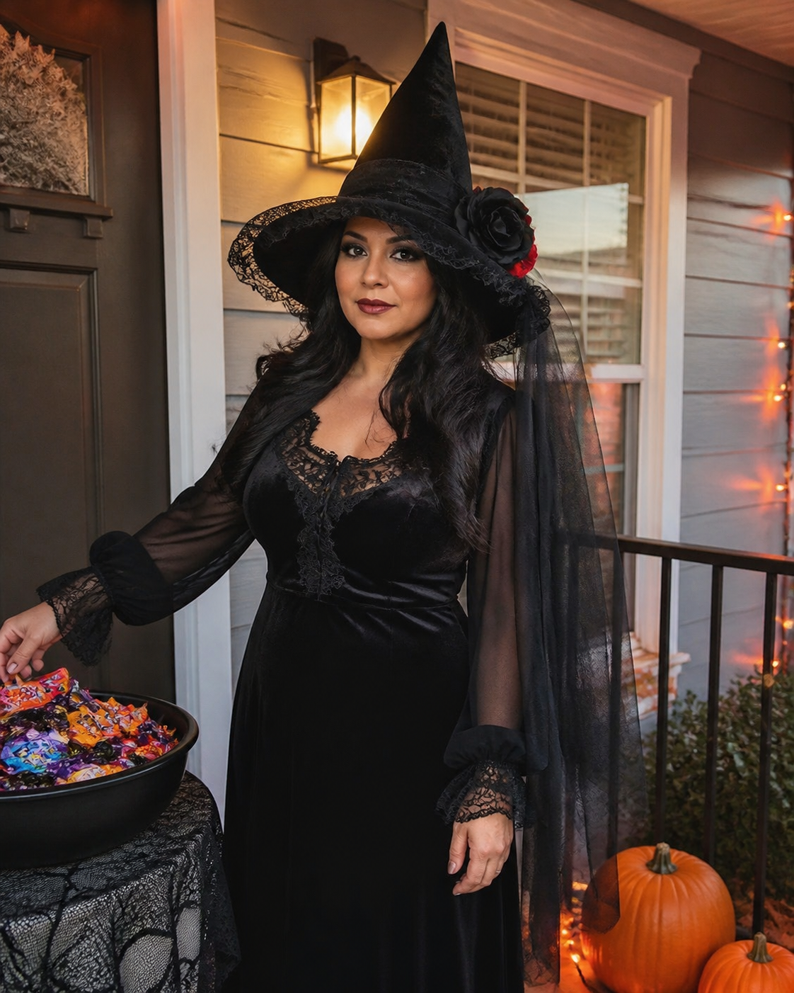 Customer-style concept showing the Baroque veil witch hat in front-porch look