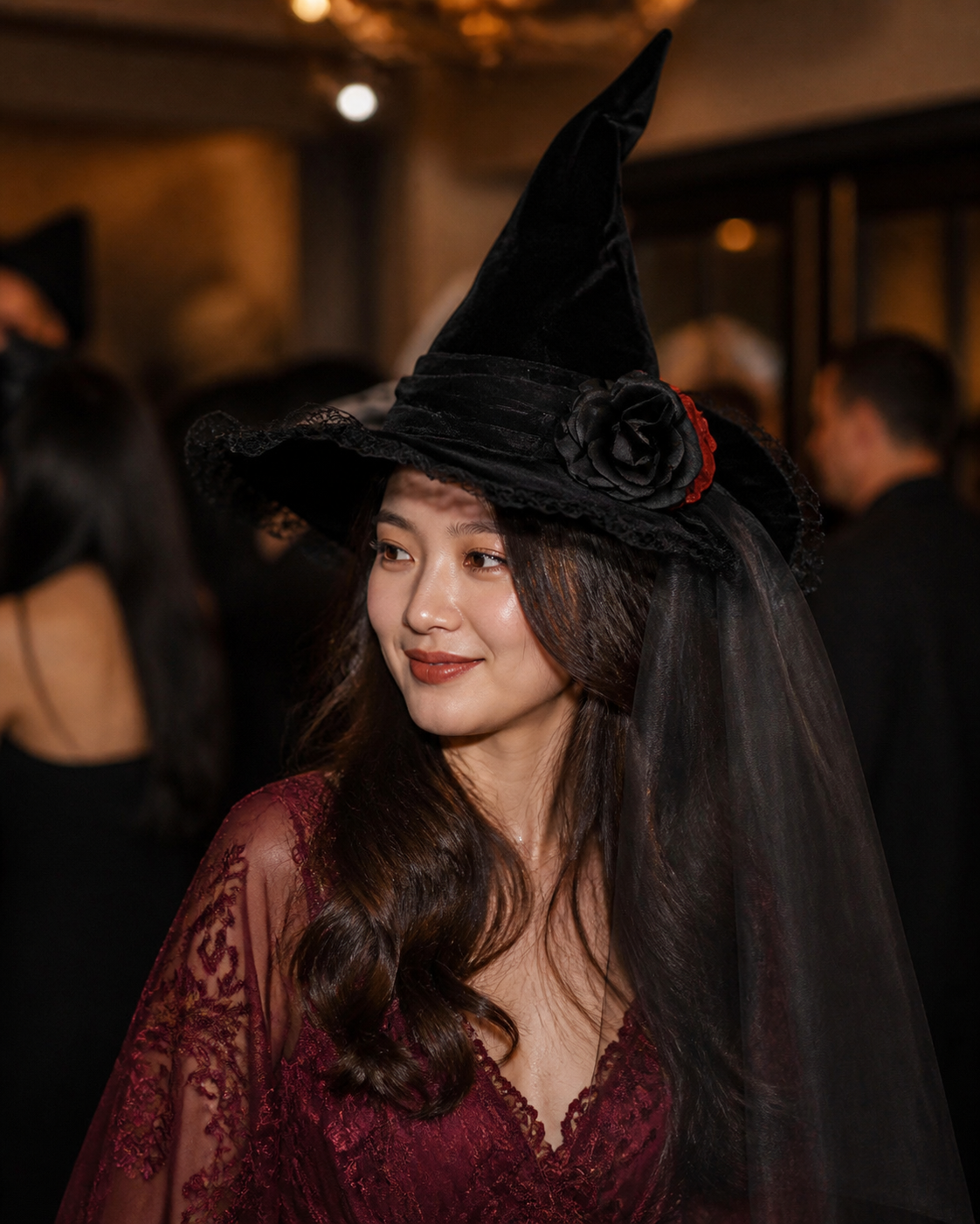 Customer-style concept showing the Baroque veil witch hat in cocktail-party pairing