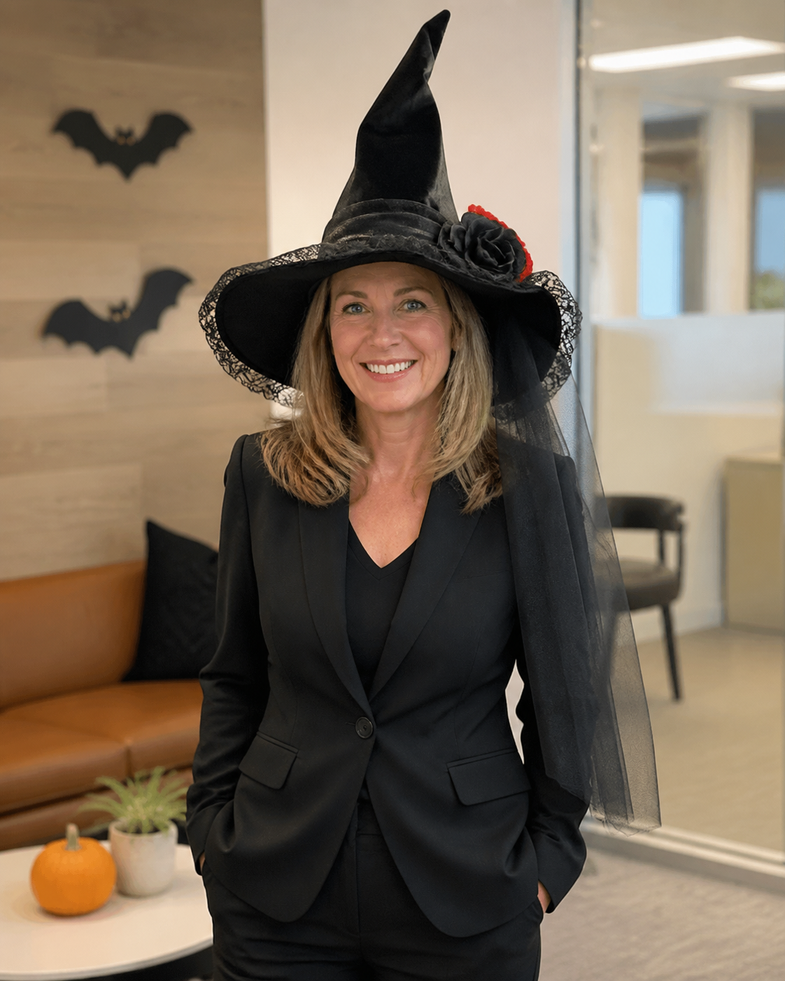 Customer-style concept showing the Baroque veil witch hat in office costume idea