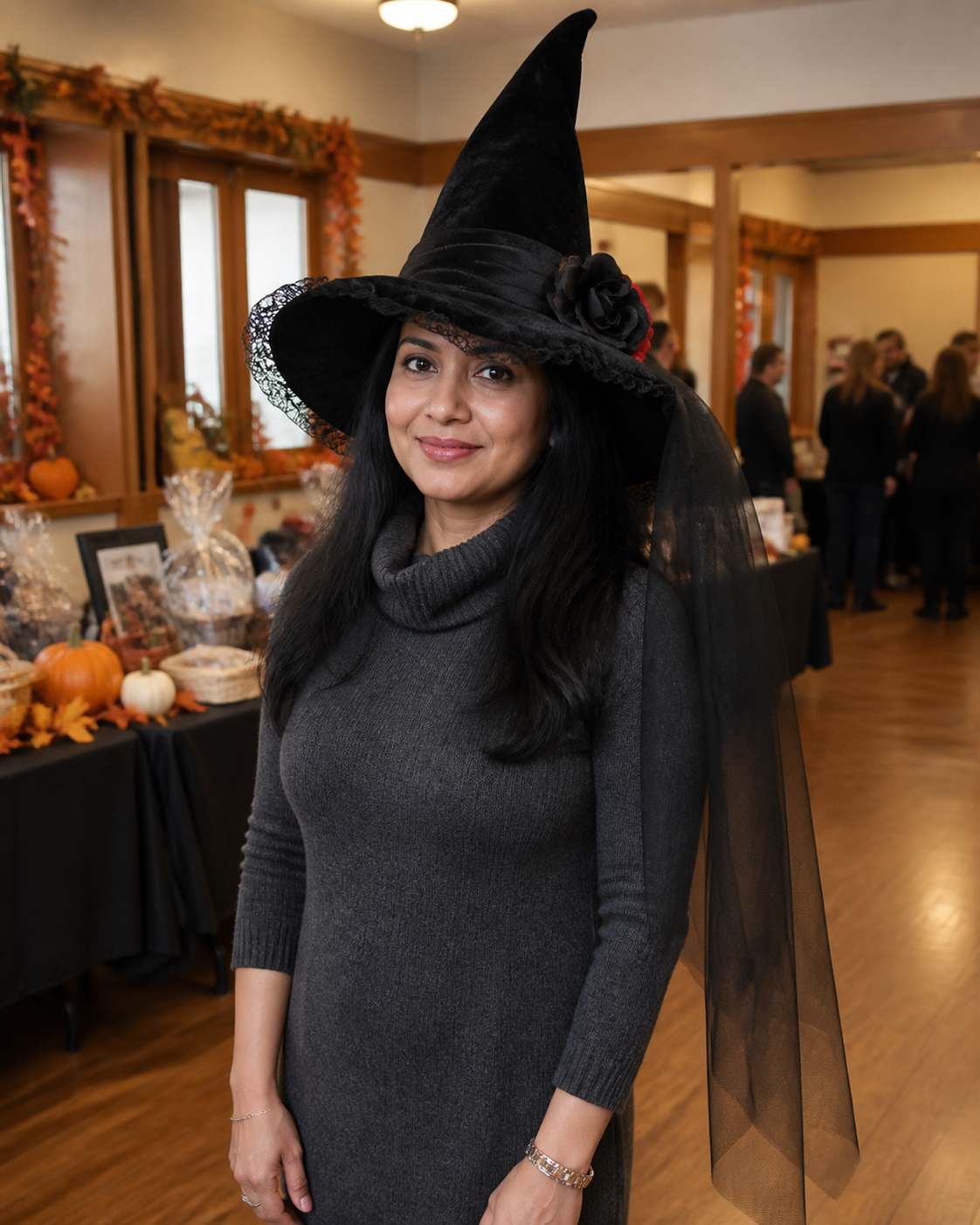 Customer-style concept showing the Baroque veil witch hat in community event
