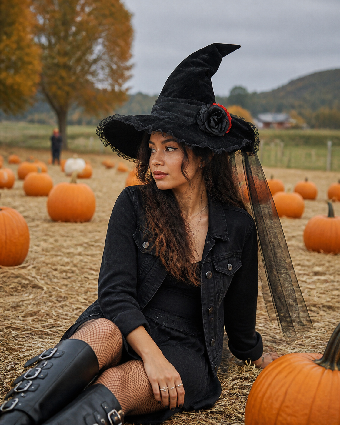 Customer-style concept showing the Baroque veil witch hat in pumpkin-patch styling
