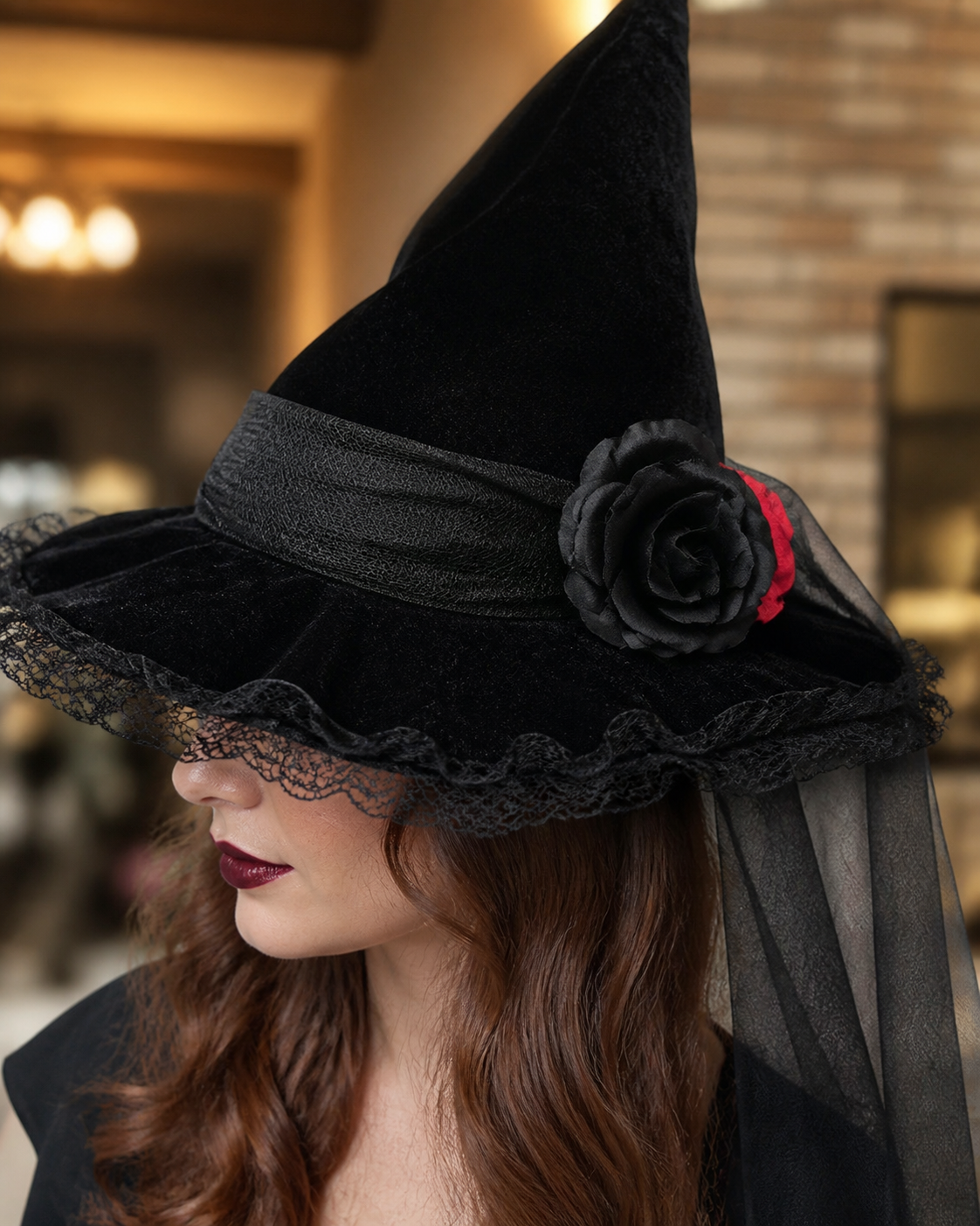 Customer-style concept showing the Baroque veil witch hat in lace-brim detail