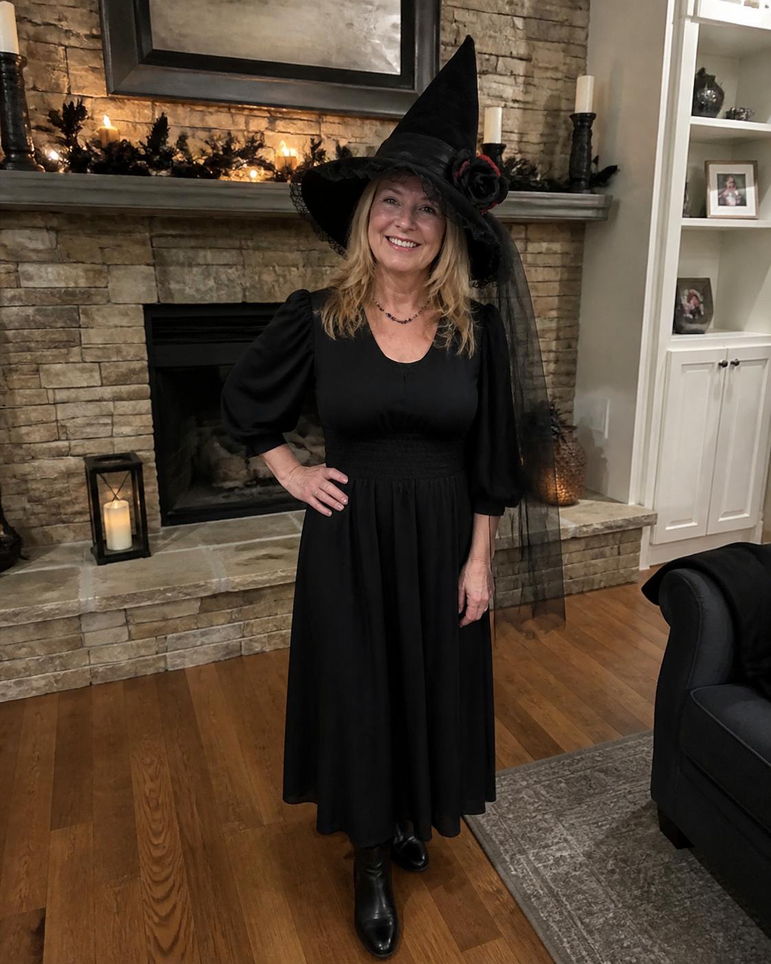 Customer-style concept showing the Baroque veil witch hat in classic black dress