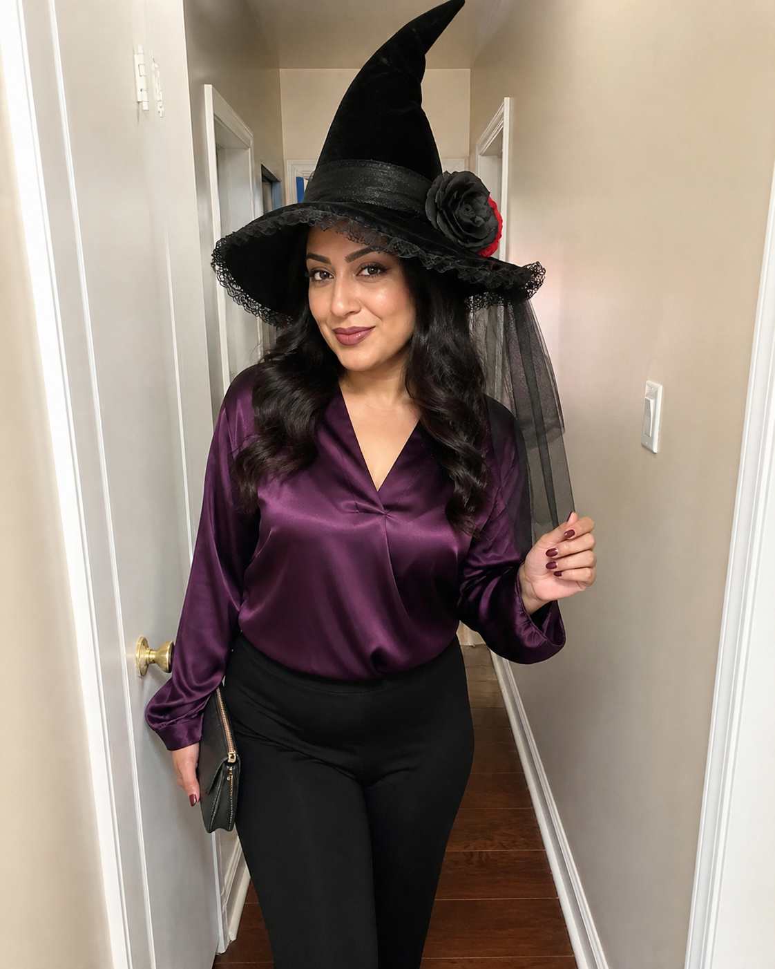 Customer-style concept showing the Baroque veil witch hat in purple satin pairing