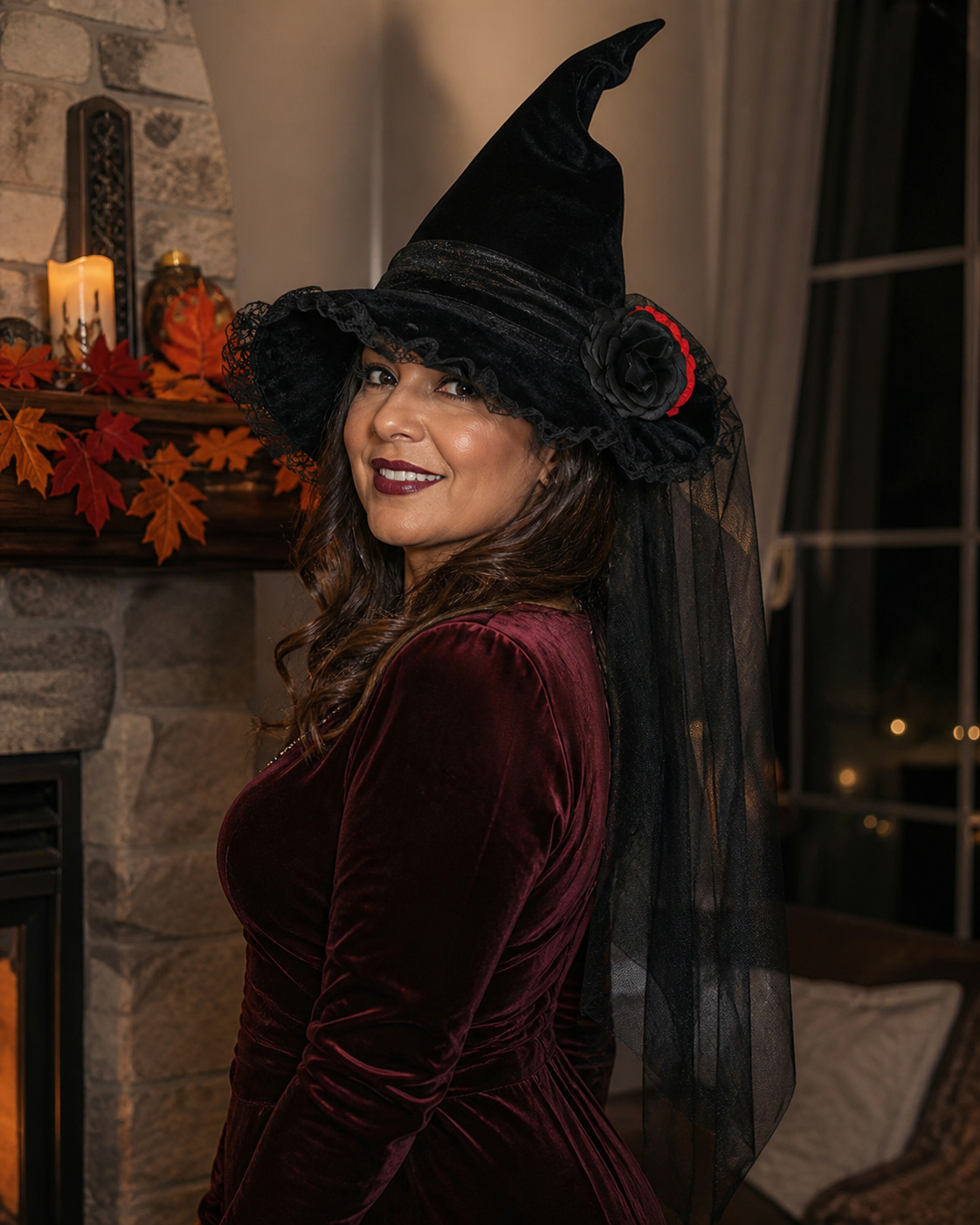 Customer-style concept showing the Baroque veil witch hat in red velvet pairing