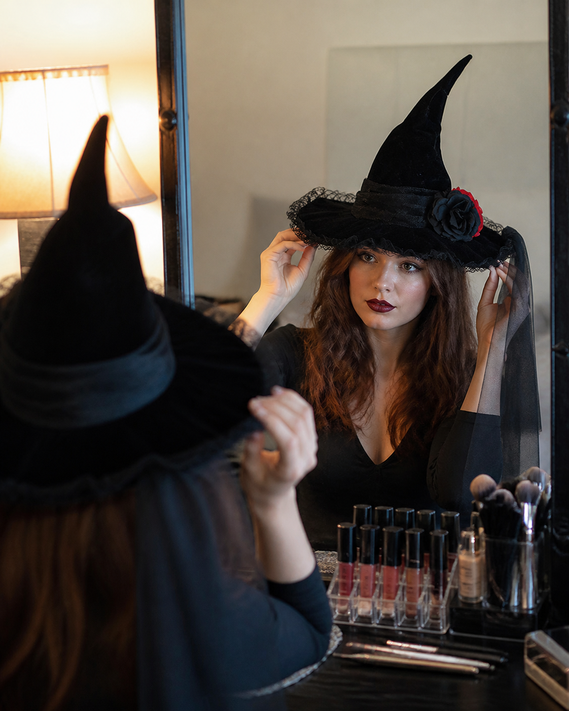 Customer-style concept showing the Baroque veil witch hat in getting-ready mirror
