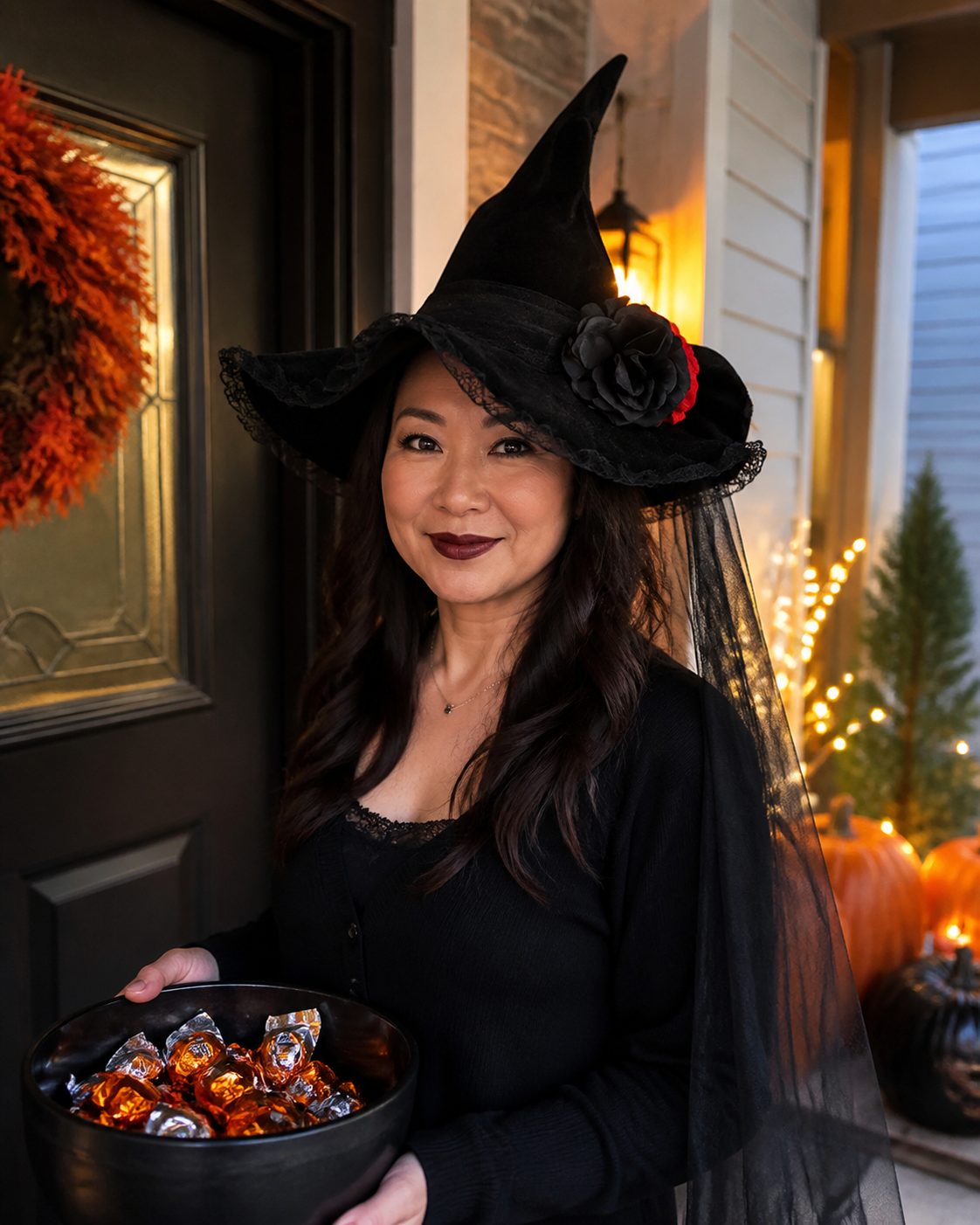Customer-style concept showing the Baroque veil witch hat in doorway styling