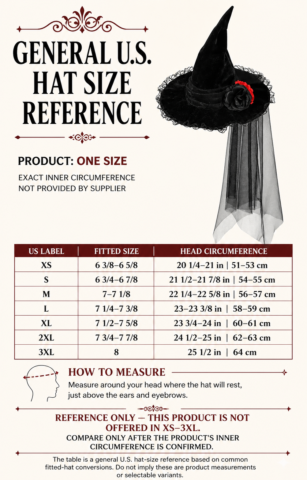 General U.S. adult hat-size reference with the Baroque veil witch hat shown for product reference