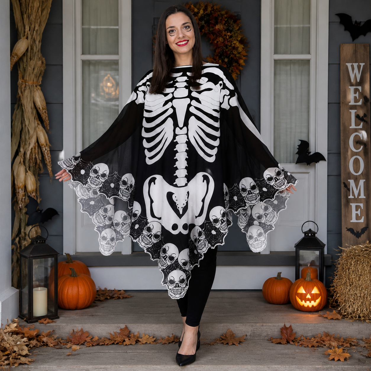 Cape poncho noire et blanche à motif squelette — vue 2