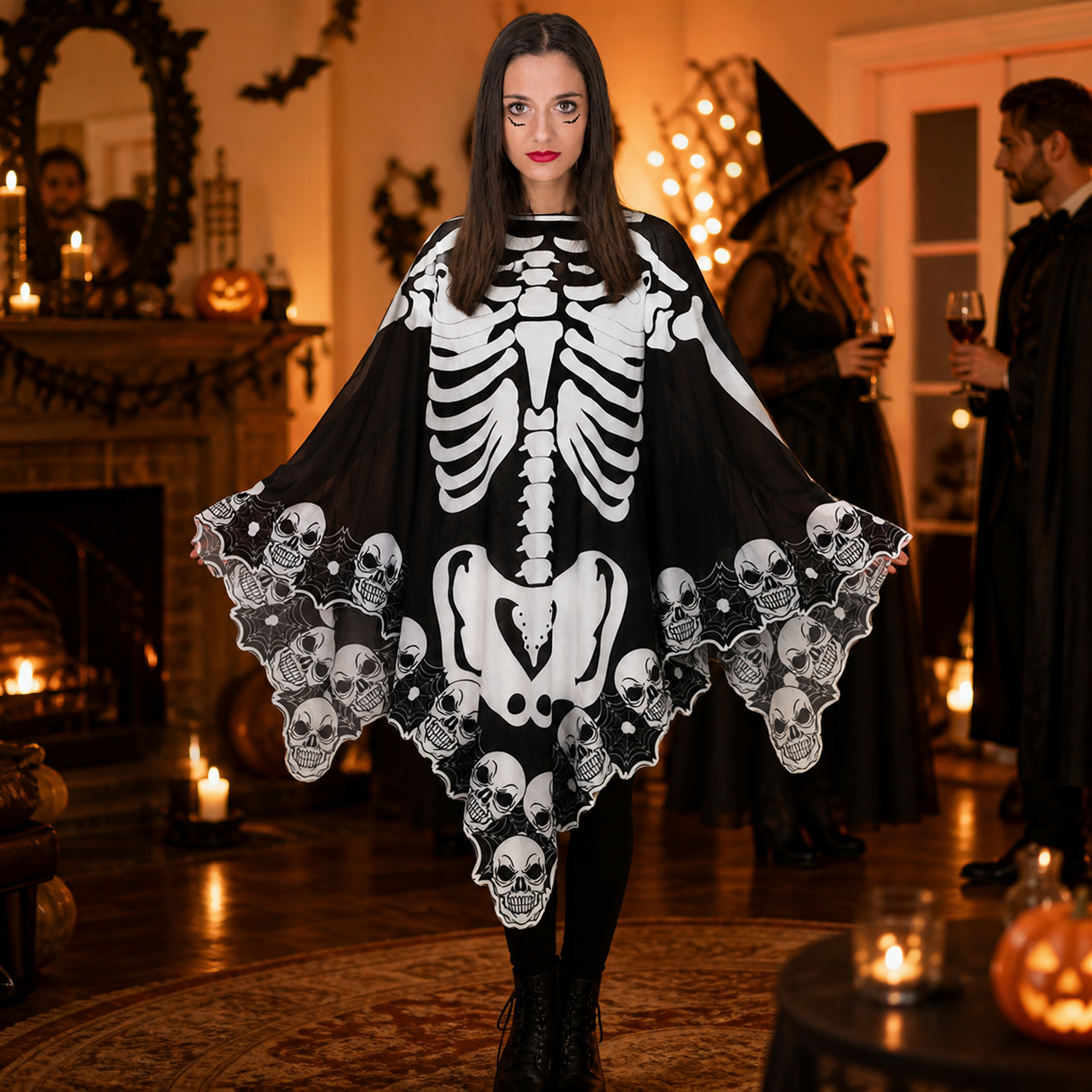 Cape poncho noire et blanche à motif squelette — vue 3