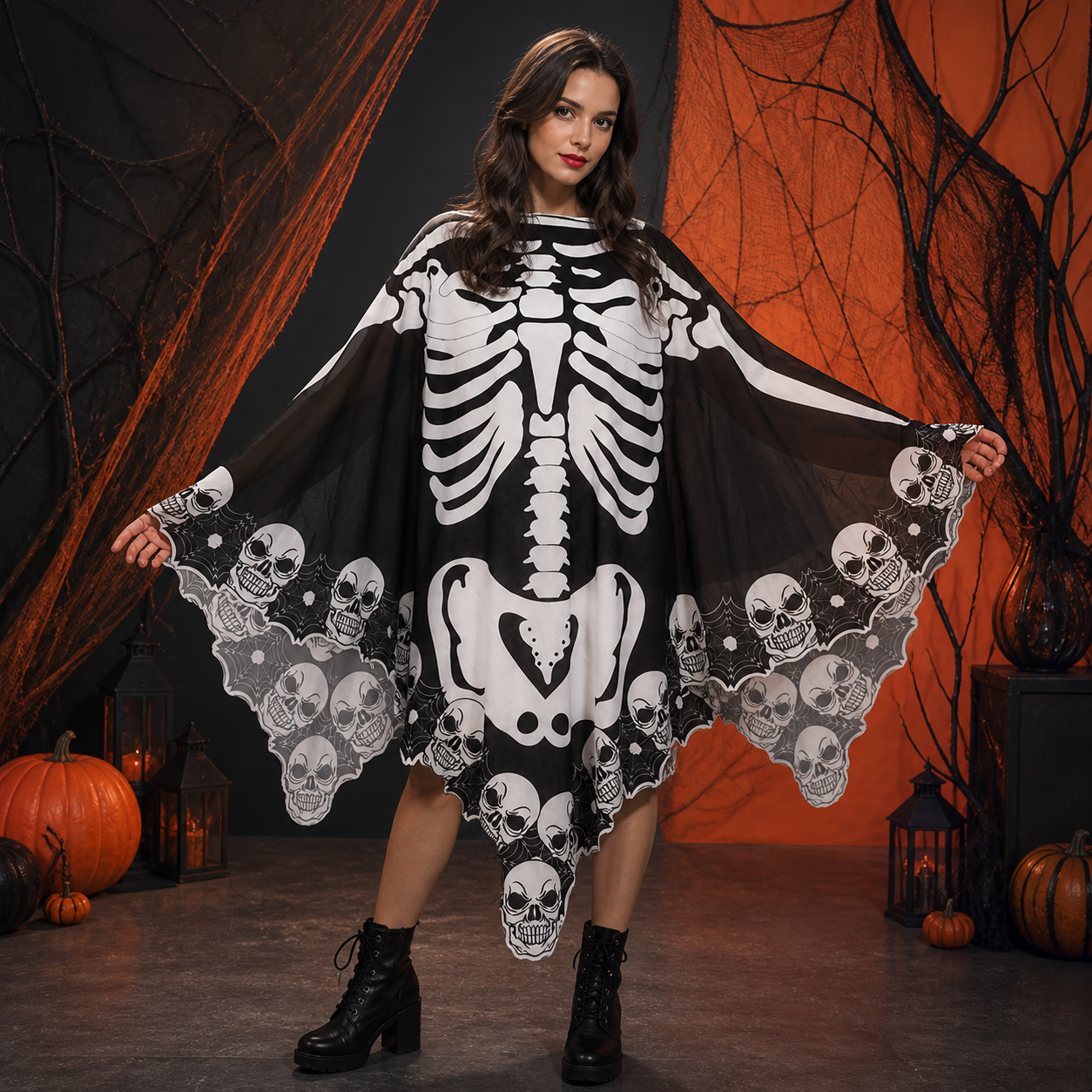 Cape poncho noire et blanche à motif squelette — vue 14