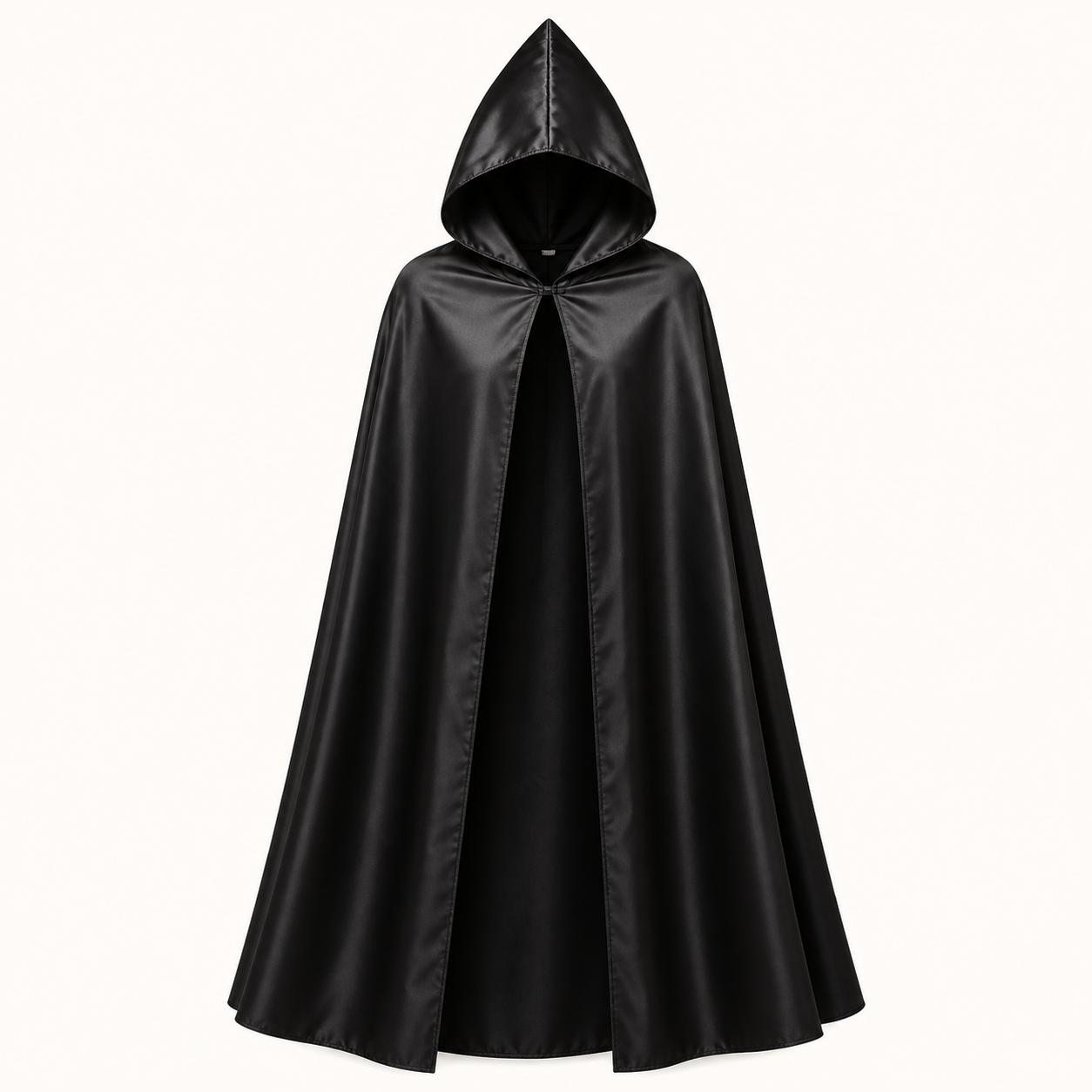 Détails du satin noir, de la capuche, de la fermeture et de l’ourlet