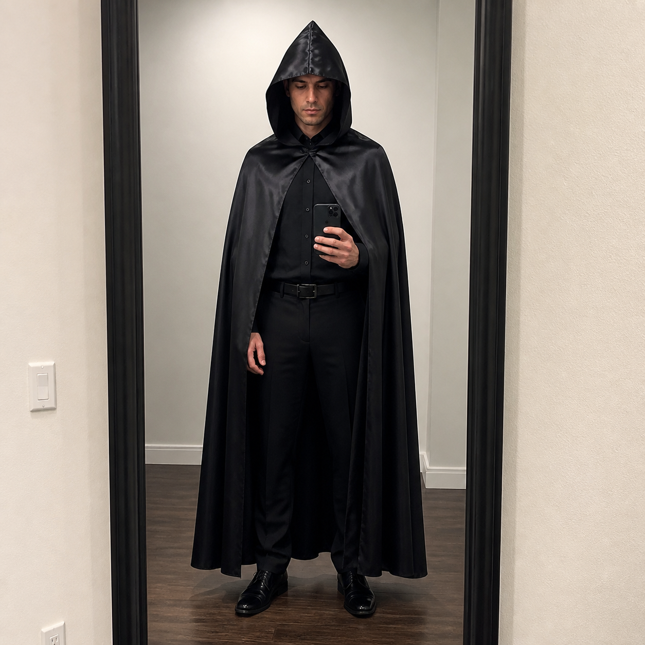 Essayage de la cape noire devant un miroir