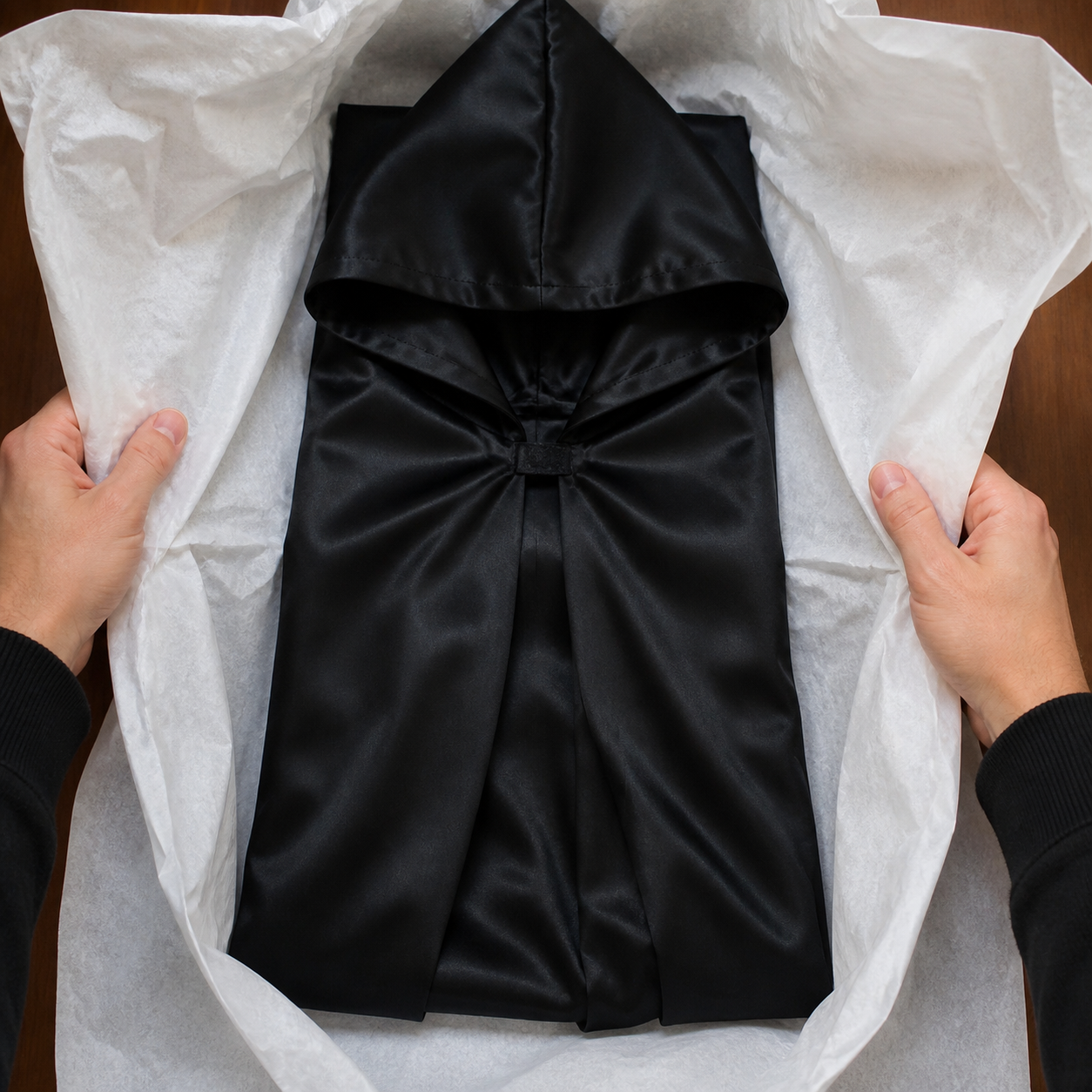 Cape noire pliée dans son emballage
