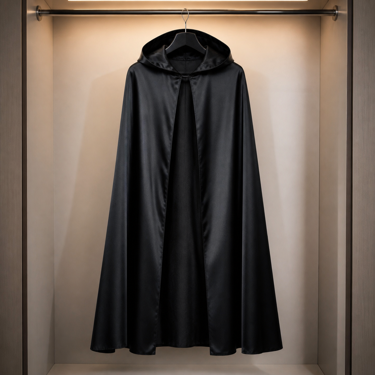 Cape noire suspendue sur un cintre large