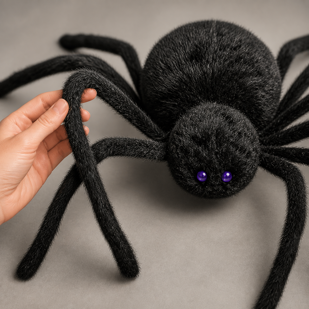 Close detail of the black plush spider and its bendable furry legs