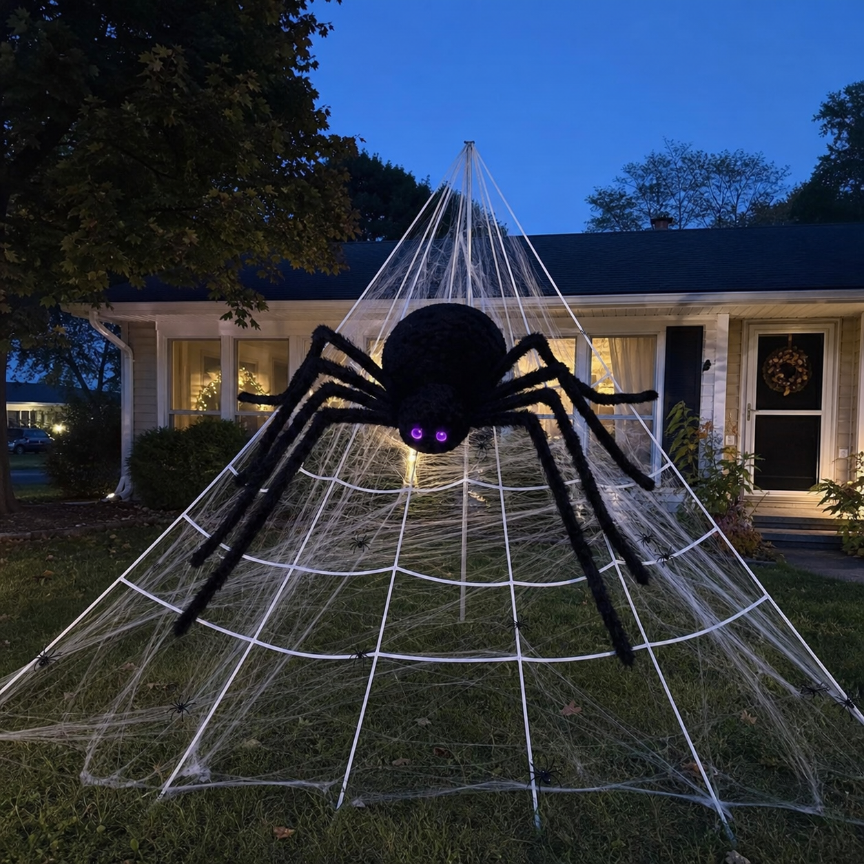 Customer-style inspiration showing the spider web kit in blue-hour front yard