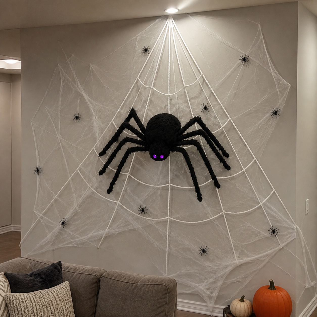 Customer-style inspiration showing the spider web kit in indoor party wall