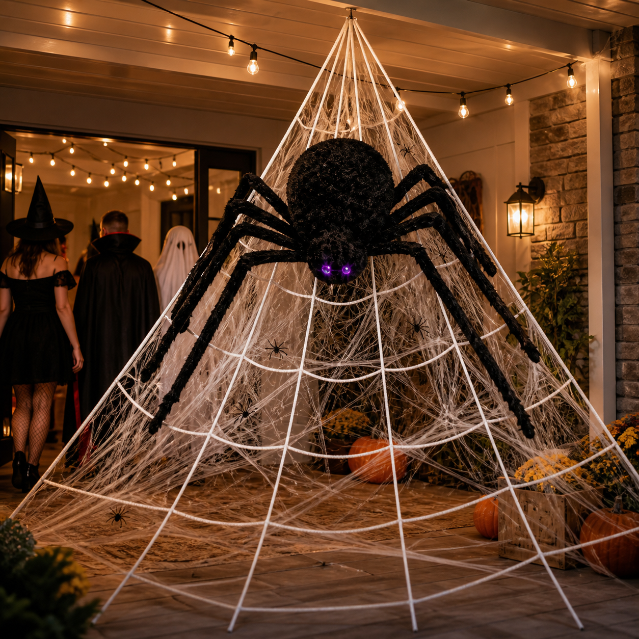 Giant spider web kit used as a covered-patio Halloween party backdrop