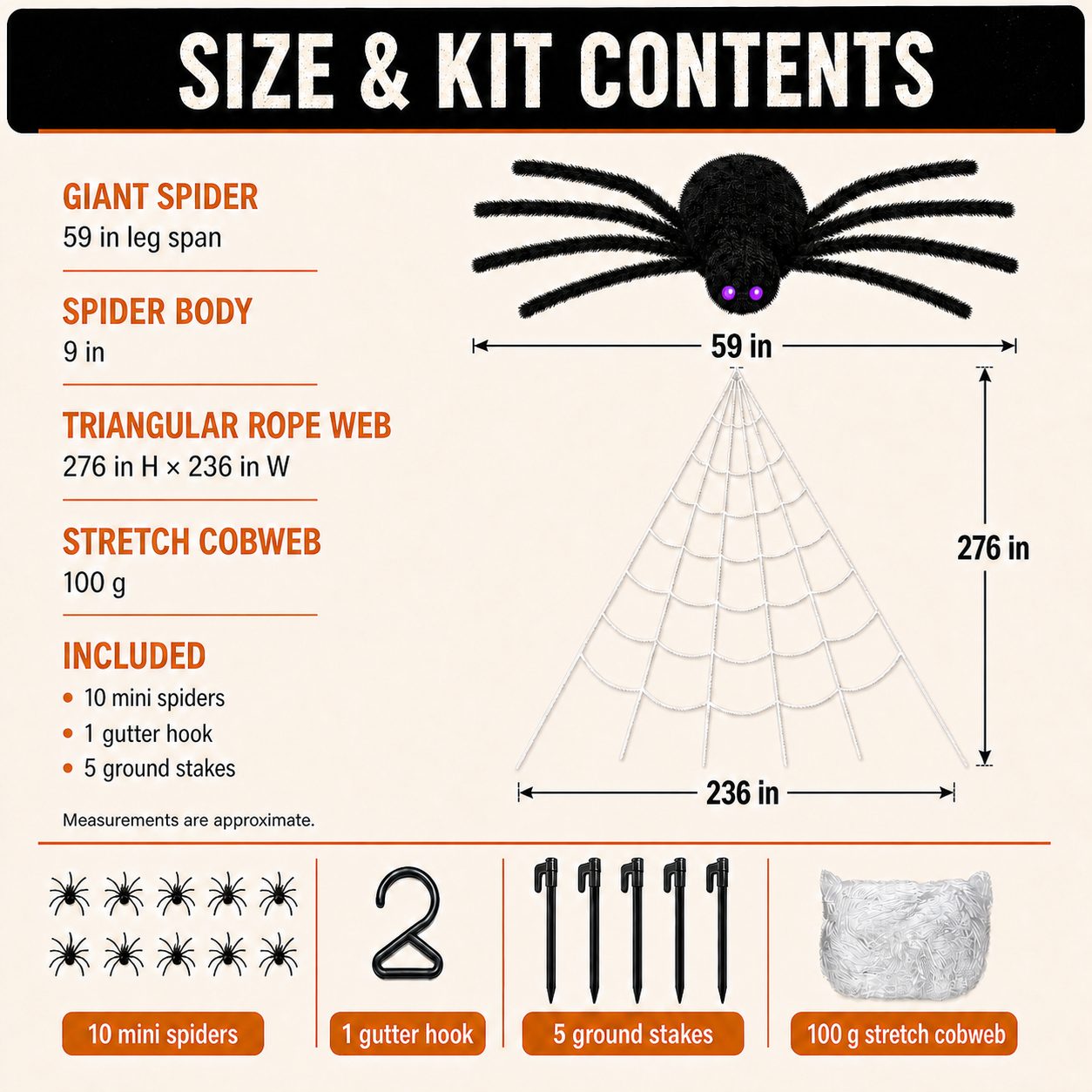 US dimension guide for the giant spider, triangular web and included accessories