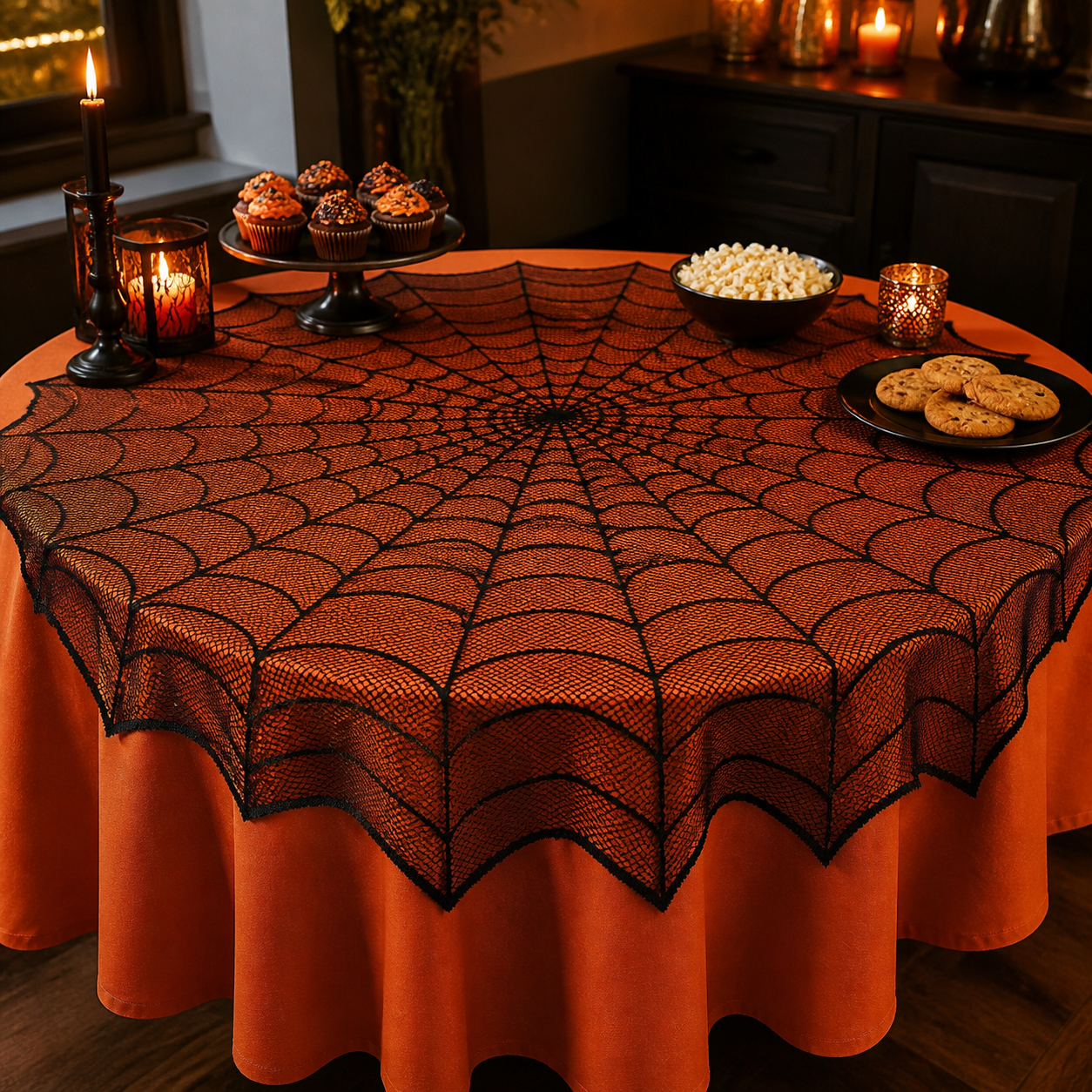 Black spiderweb table topper styled on an orange Halloween party table