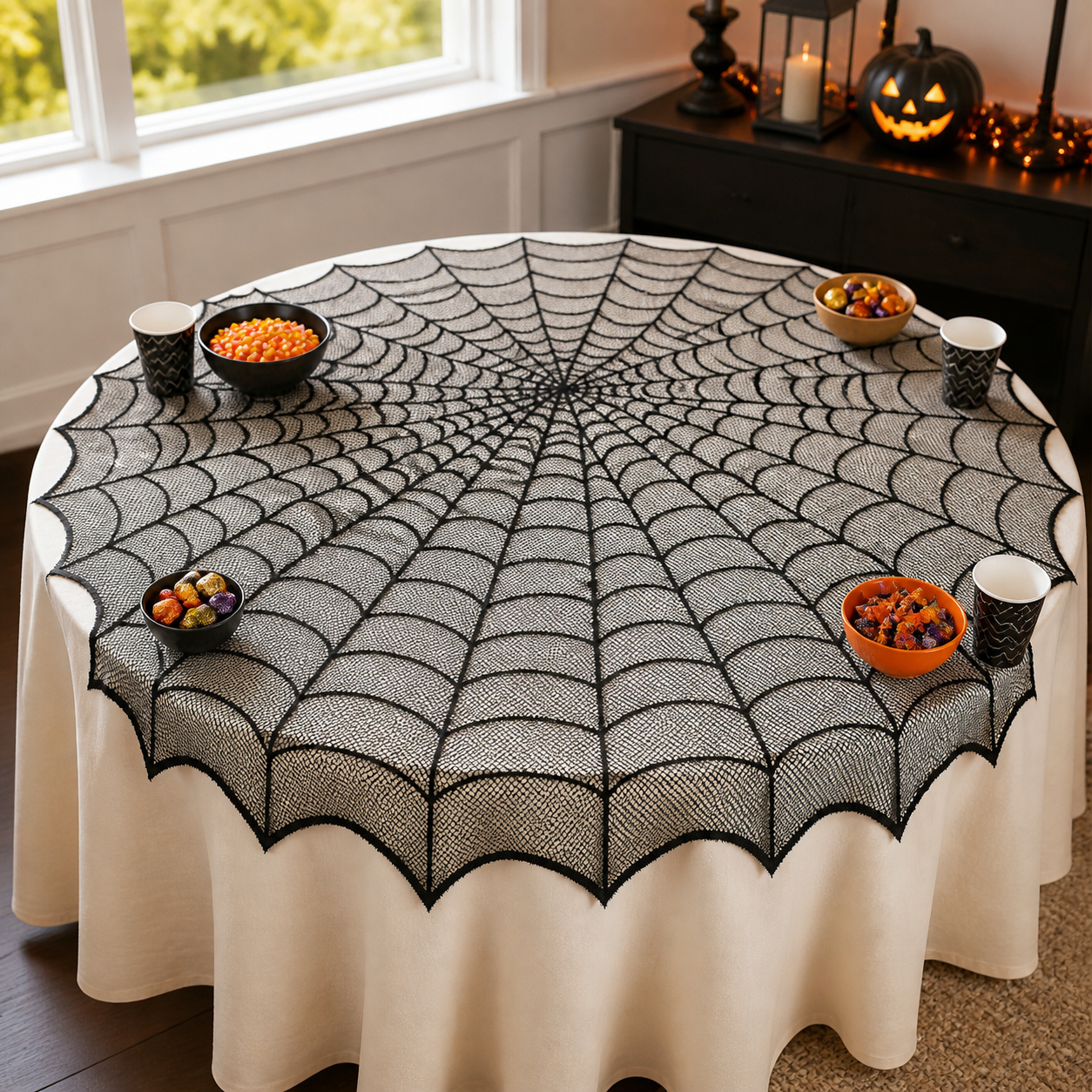 Black spiderweb table topper styled for a Halloween candy buffet