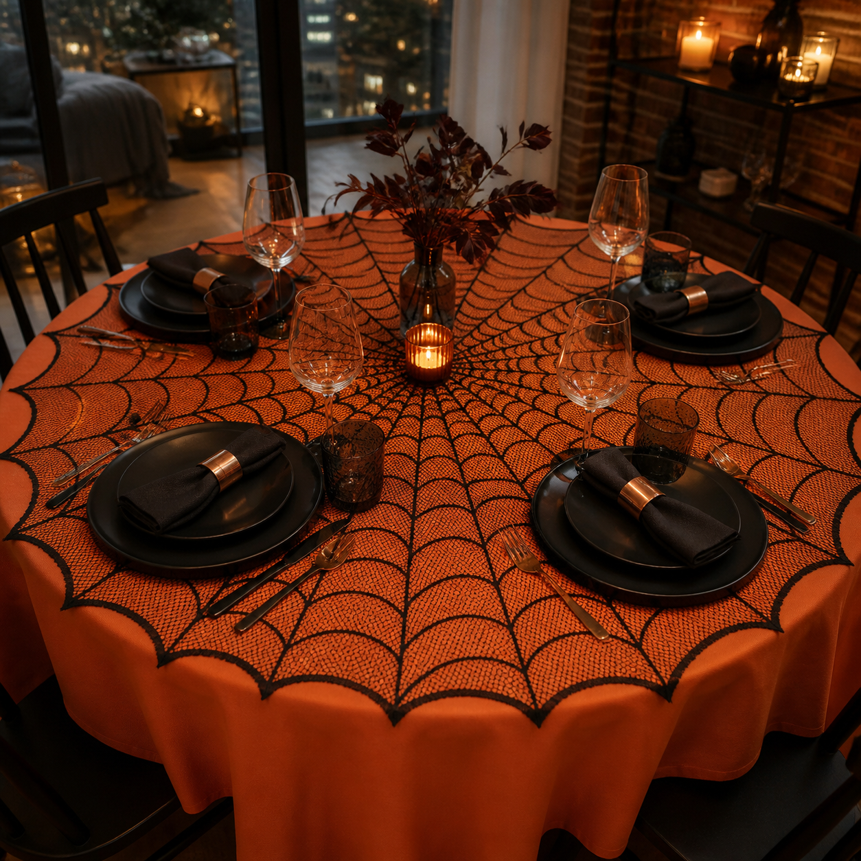 Black spiderweb table topper used for a Halloween dinner gathering