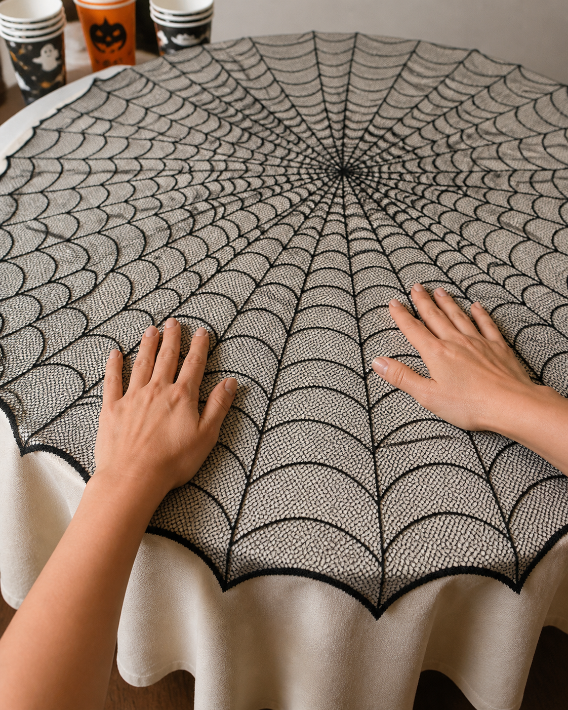 Spiderweb table topper party styling concept: layered over cream