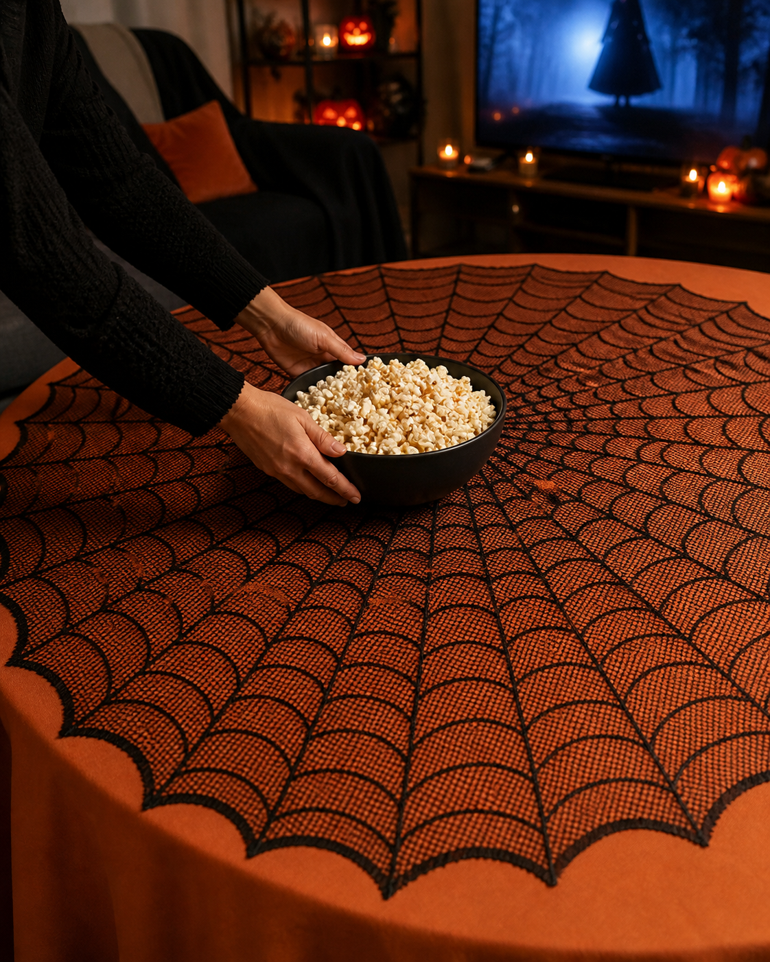 Spiderweb table topper party styling concept: movie-night setup