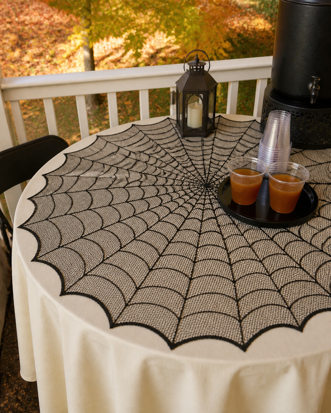 Spiderweb table topper party styling concept: covered-porch buffet